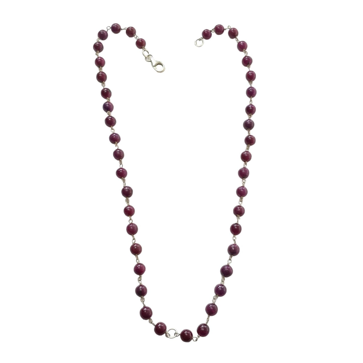 RUBY Gemstone With 925 Sterling Silver Beaded NECKLACE : 17.76gms Natural Untreated Plain Round Shape Beaded Necklace 17"