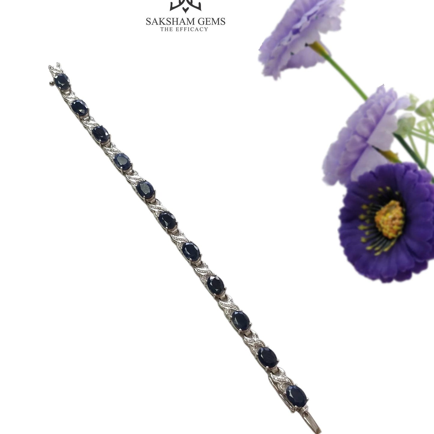 925 Sterling Silver Bracelet : 15.17gms Natural Blue Sapphire Gemstone With CZ Oval Normal Cut Prong Set Tennis Bracelet 7.5"