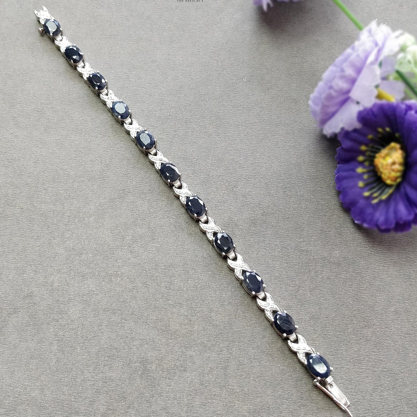 925 Sterling Silver Bracelet : 15.17gms Natural Blue Sapphire Gemstone With CZ Oval Normal Cut Prong Set Tennis Bracelet 7.5"