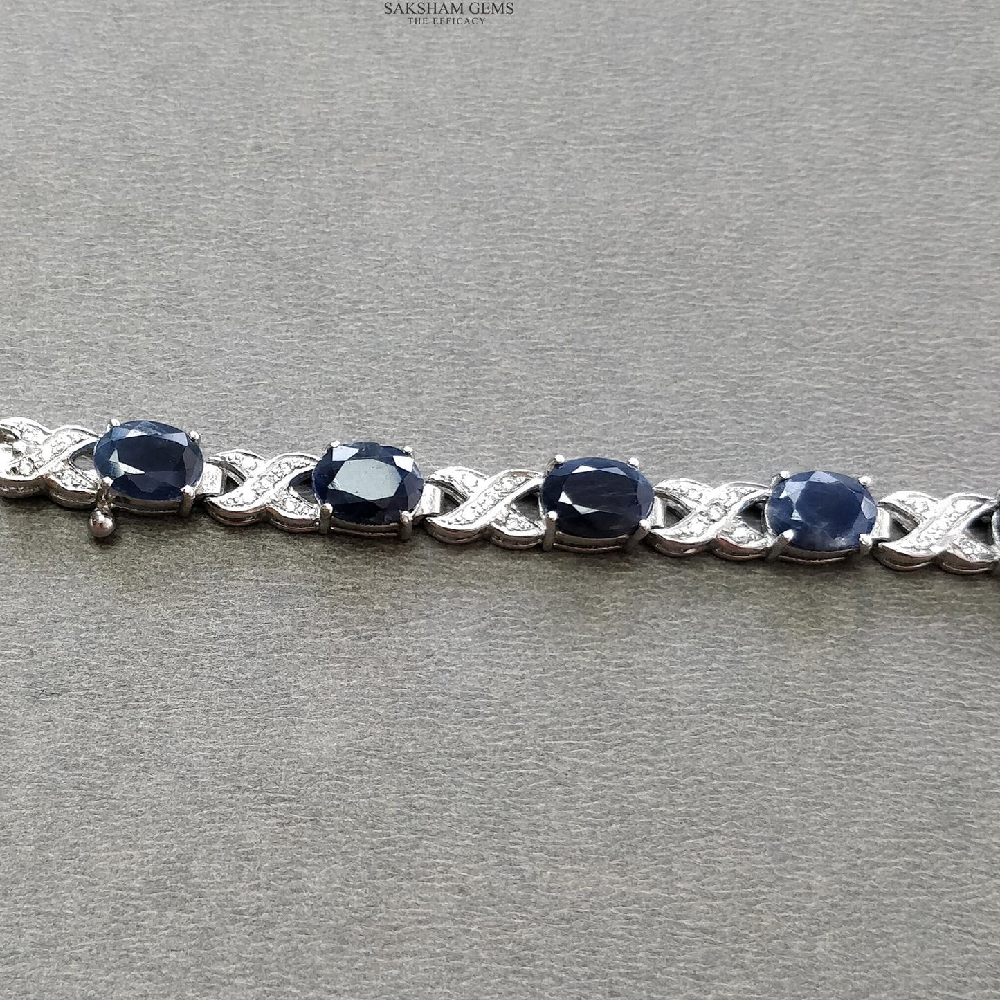 925 Sterling Silver Bracelet : 15.17gms Natural Blue Sapphire Gemstone With CZ Oval Normal Cut Prong Set Tennis Bracelet 7.5"