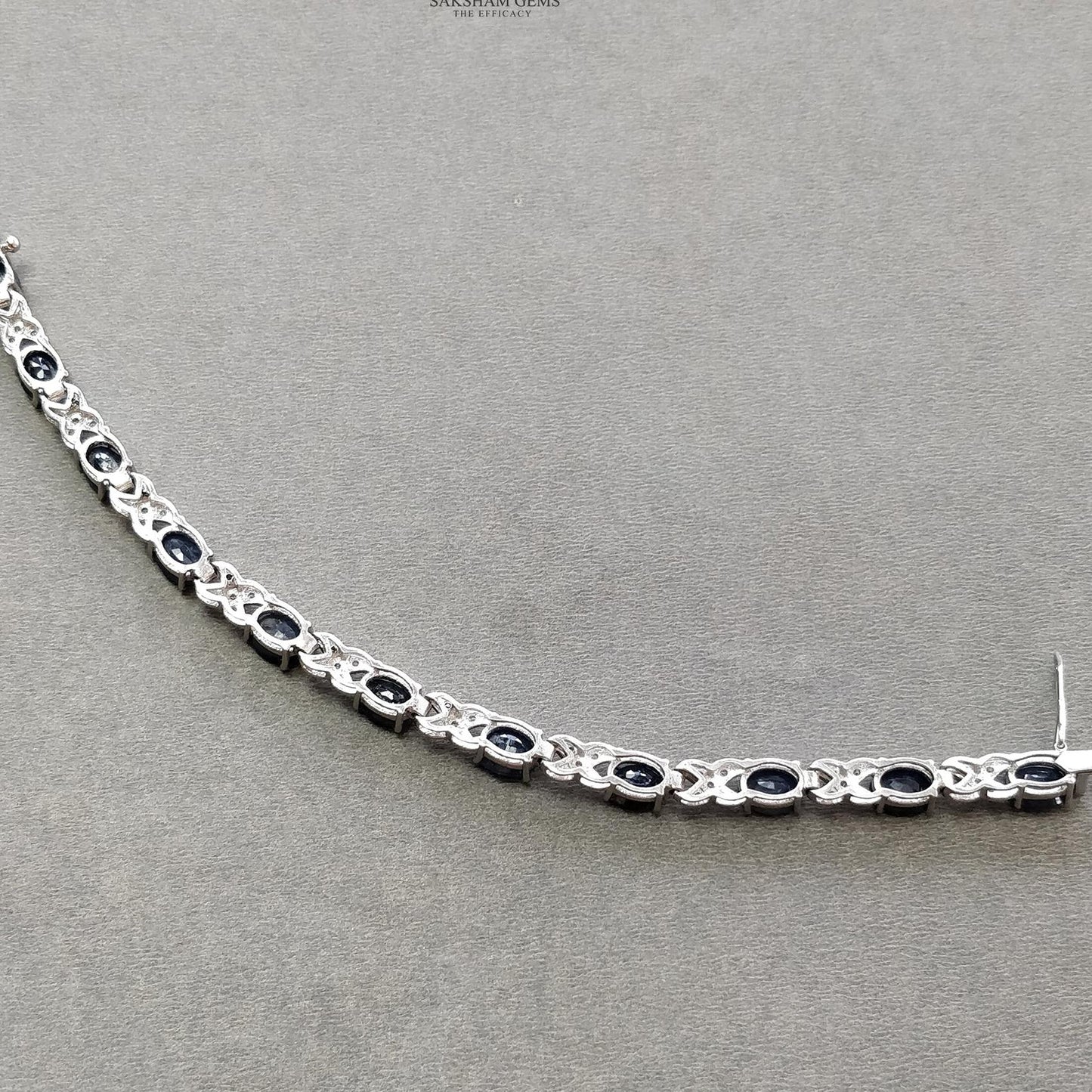 925 Sterling Silver Bracelet : 15.17gms Natural Blue Sapphire Gemstone With CZ Oval Normal Cut Prong Set Tennis Bracelet 7.5"