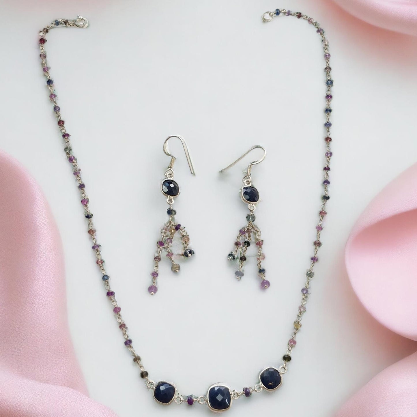 925 Sterling Silver Jewelry : 9.05gms Natural Untreated Blue & Multi SAPPHIRE Gemstone Beads Necklace Drop Dangle Earring Jewelry Set