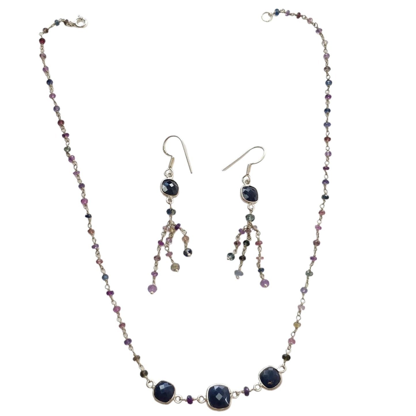 925 Sterling Silver Jewelry : 9.05gms Natural Untreated Blue & Multi SAPPHIRE Gemstone Beads Necklace Drop Dangle Earring Jewelry Set