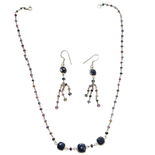 925 Sterling Silver Jewelry : 9.05gms Natural Untreated Blue & Multi SAPPHIRE Gemstone Beads Necklace Drop Dangle Earring Jewelry Set