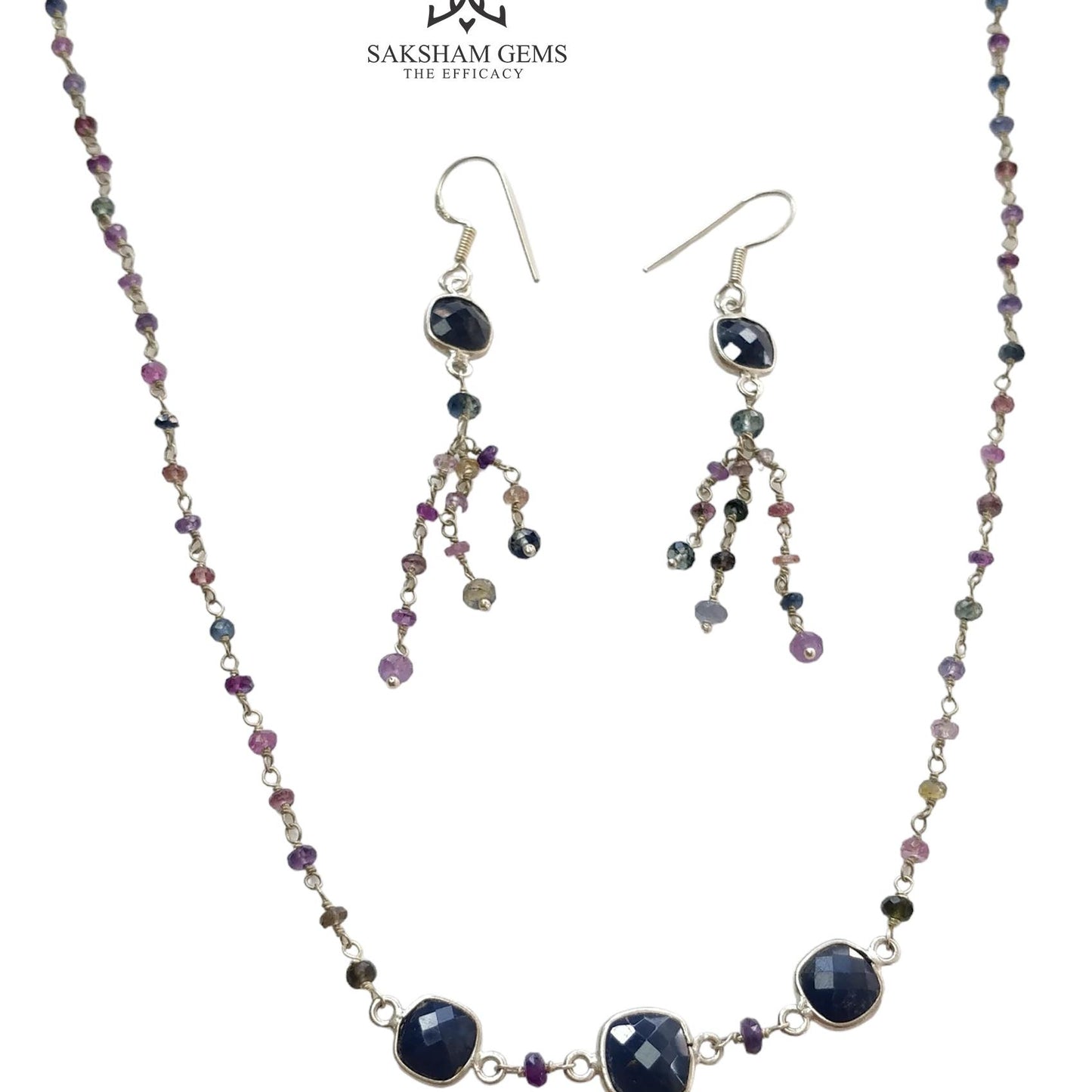 925 Sterling Silver Jewelry : 9.05gms Natural Untreated Blue & Multi SAPPHIRE Gemstone Beads Necklace Drop Dangle Earring Jewelry Set