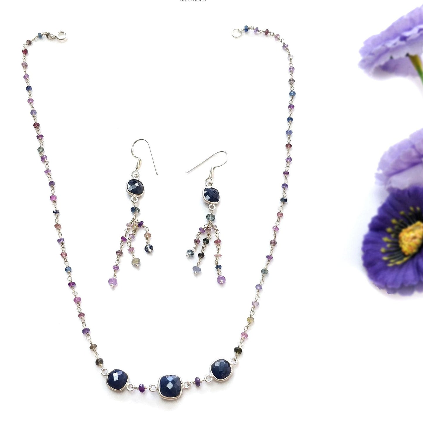 925 Sterling Silver Jewelry : 9.05gms Natural Untreated Blue & Multi SAPPHIRE Gemstone Beads Necklace Drop Dangle Earring Jewelry Set