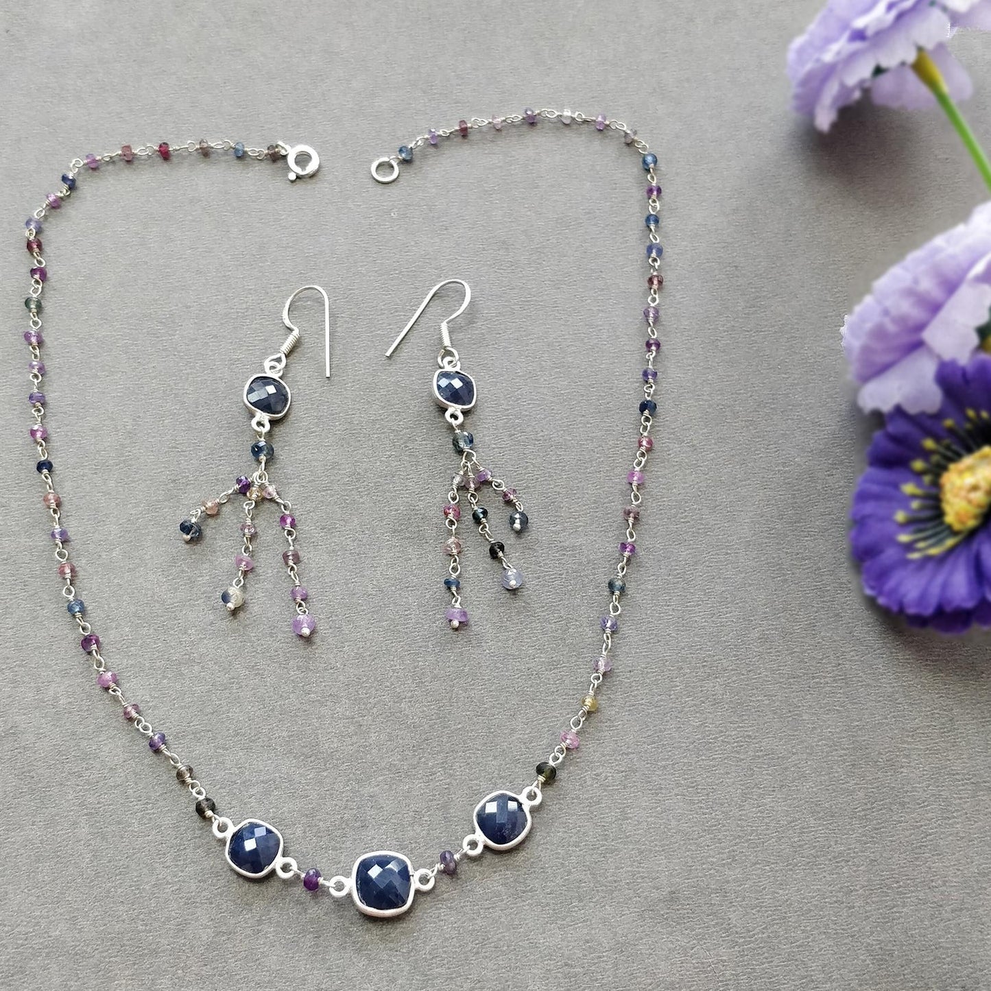 925 Sterling Silver Jewelry : 9.05gms Natural Untreated Blue & Multi SAPPHIRE Gemstone Beads Necklace Drop Dangle Earring Jewelry Set