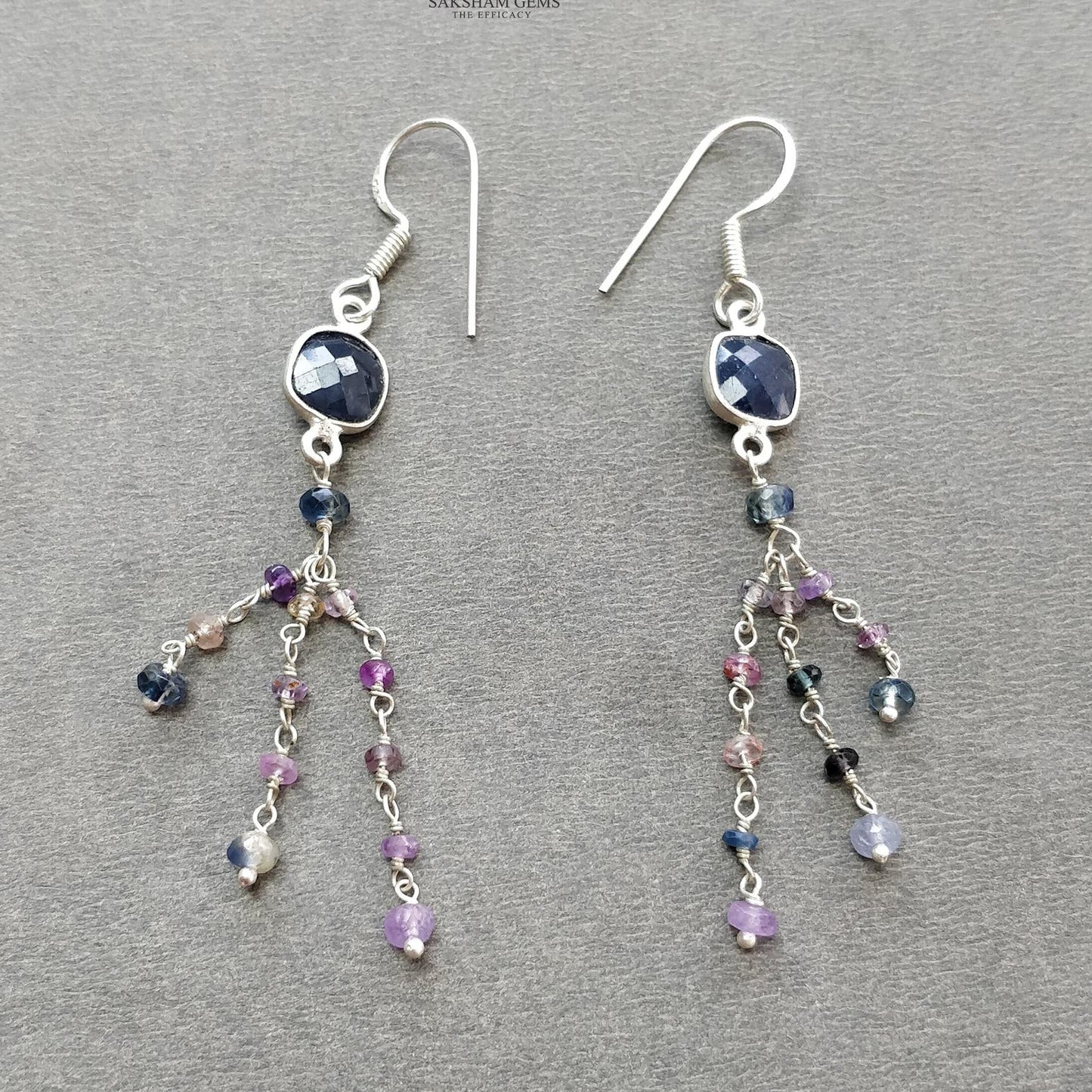 925 Sterling Silver Jewelry : 9.05gms Natural Untreated Blue & Multi SAPPHIRE Gemstone Beads Necklace Drop Dangle Earring Jewelry Set