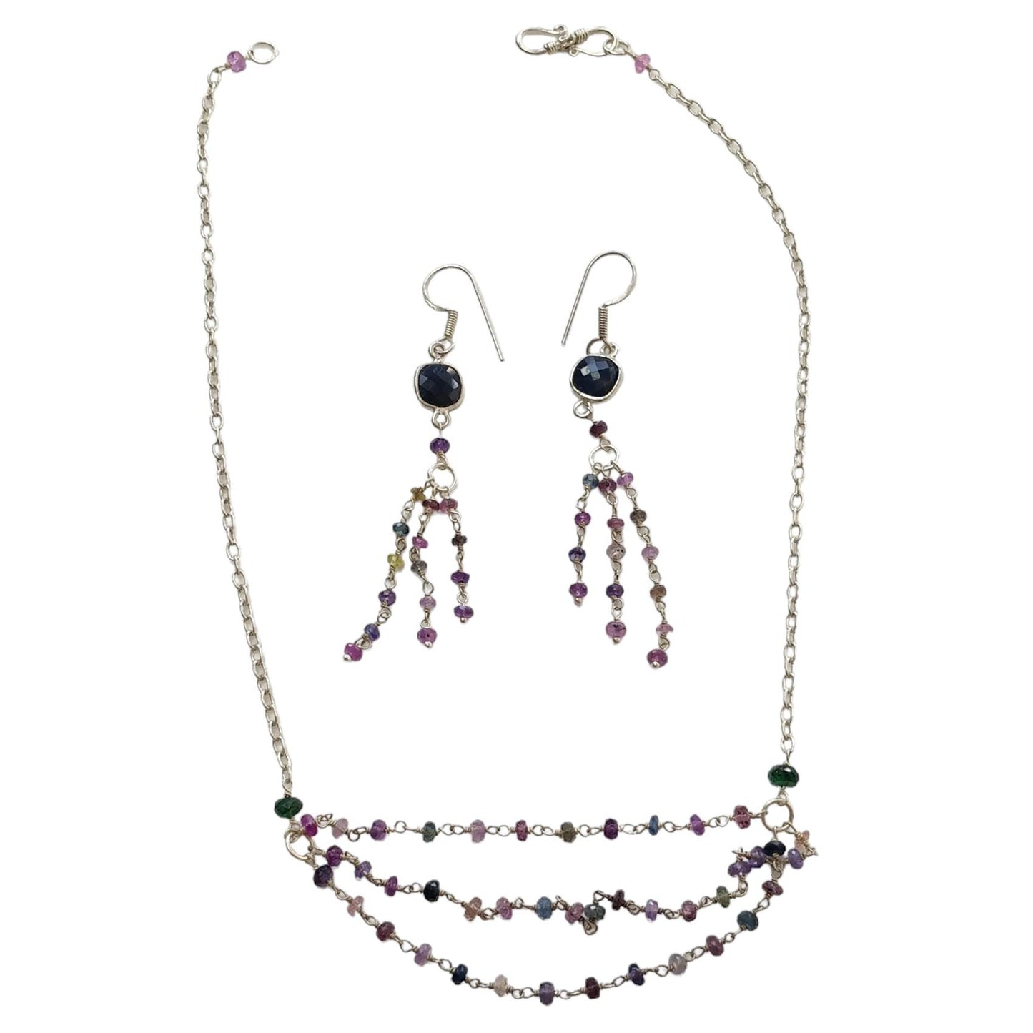 925 Sterling Silver Jewelry : 9.26gms Natural Untreated Blue & Multi SAPPHIRE Gemstone Beads Necklace Drop Dangle Earring Jewelry Set