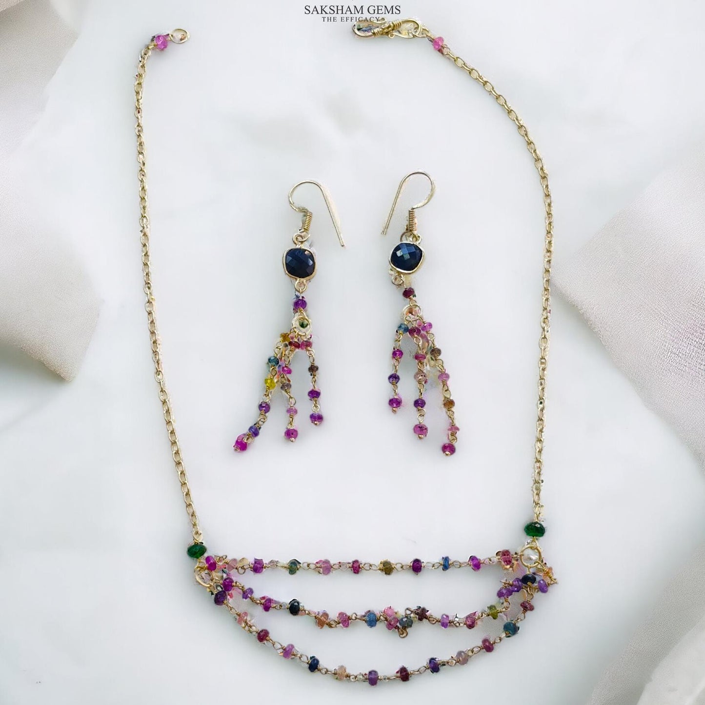 925 Sterling Silver Jewelry : 9.26gms Natural Untreated Blue & Multi SAPPHIRE Gemstone Beads Necklace Drop Dangle Earring Jewelry Set