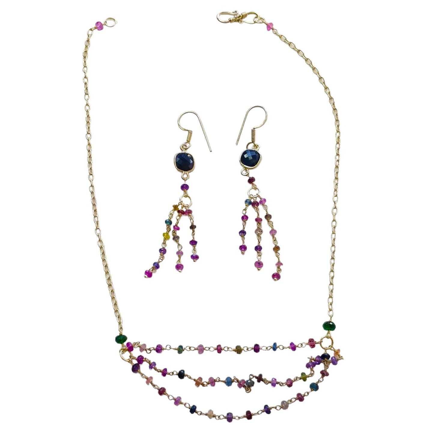 925 Sterling Silver Jewelry : 9.26gms Natural Untreated Blue & Multi SAPPHIRE Gemstone Beads Necklace Drop Dangle Earring Jewelry Set