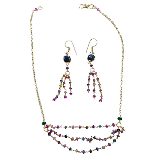 925 Sterling Silver Jewelry : 9.26gms Natural Untreated Blue & Multi SAPPHIRE Gemstone Beads Necklace Drop Dangle Earring Jewelry Set