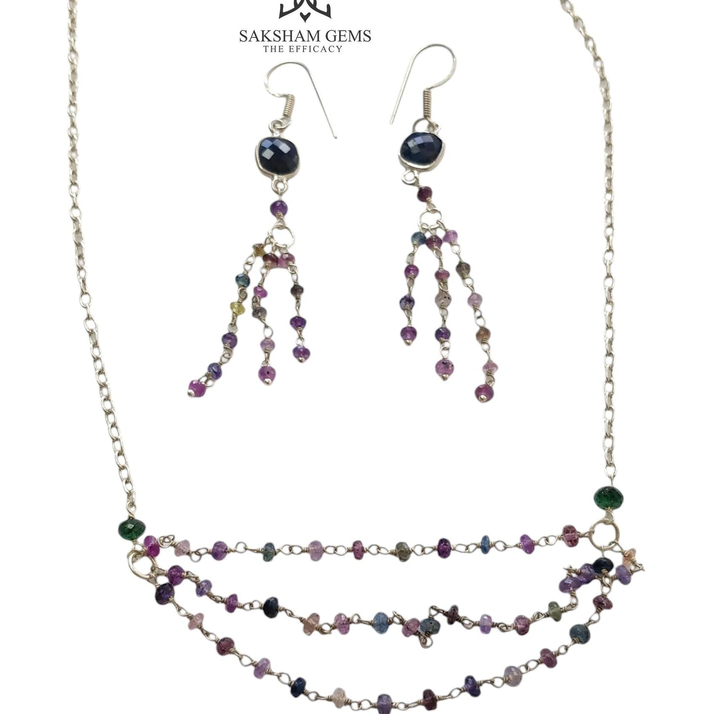 925 Sterling Silver Jewelry : 9.26gms Natural Untreated Blue & Multi SAPPHIRE Gemstone Beads Necklace Drop Dangle Earring Jewelry Set