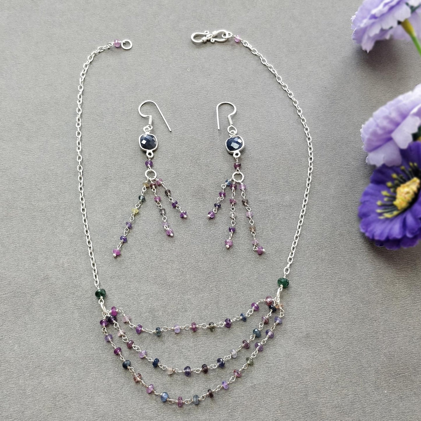 925 Sterling Silver Jewelry : 9.26gms Natural Untreated Blue & Multi SAPPHIRE Gemstone Beads Necklace Drop Dangle Earring Jewelry Set