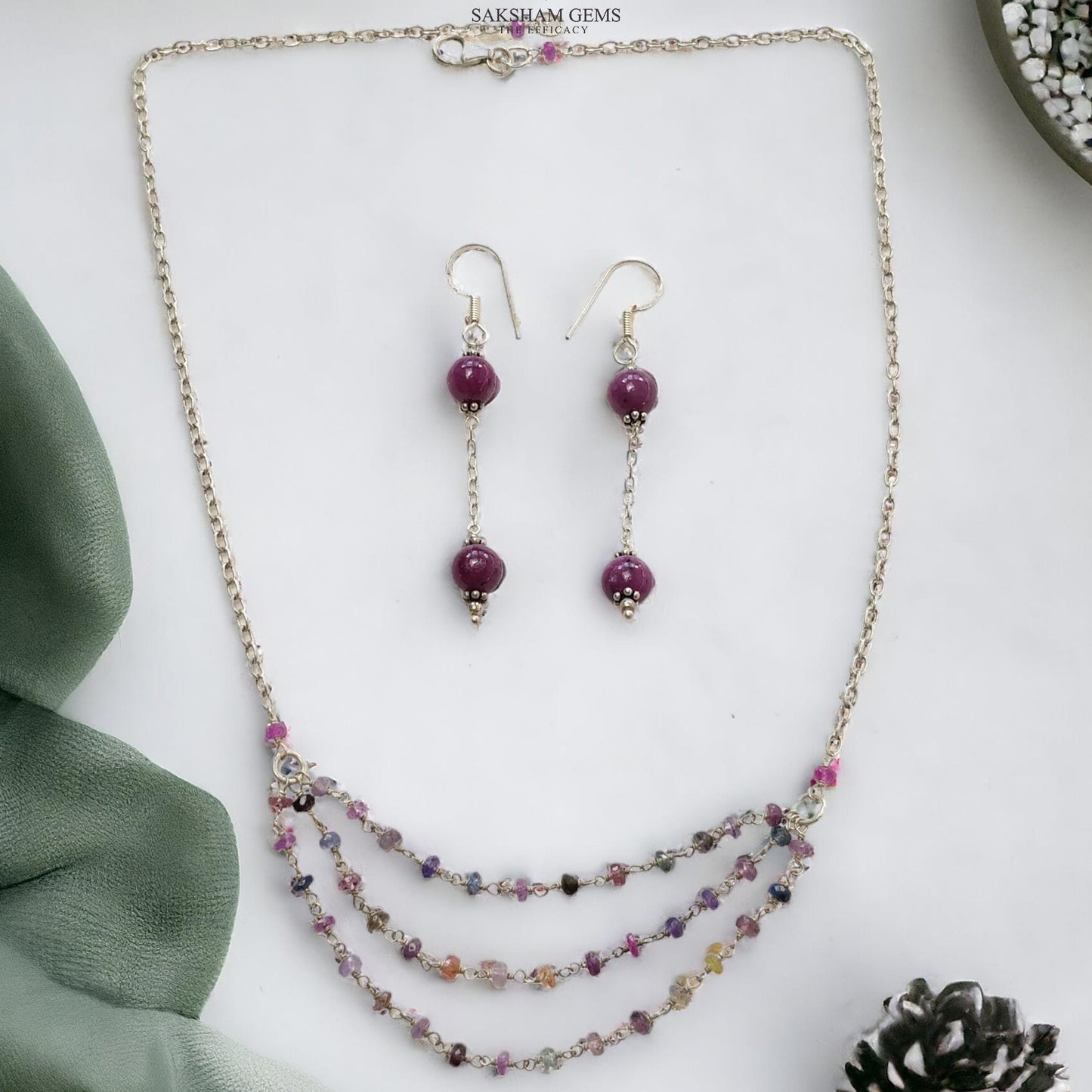 Ruby & Multi Sapphire Gemstone With 925 Sterling Silver Jewelry : 10.68gms Natural Untreated Ruby Round Shape Beaded Earrings Necklace Set