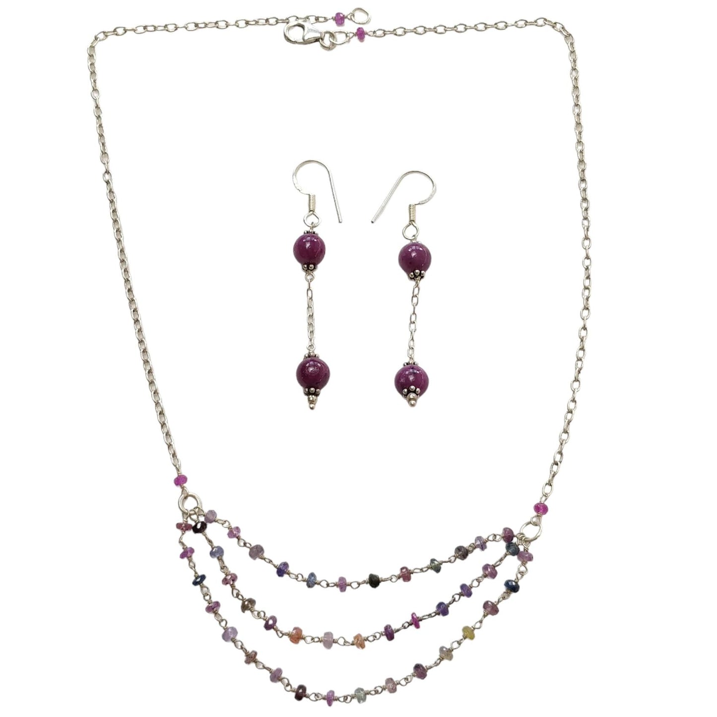 Ruby & Multi Sapphire Gemstone With 925 Sterling Silver Jewelry : 10.68gms Natural Untreated Ruby Round Shape Beaded Earrings Necklace Set