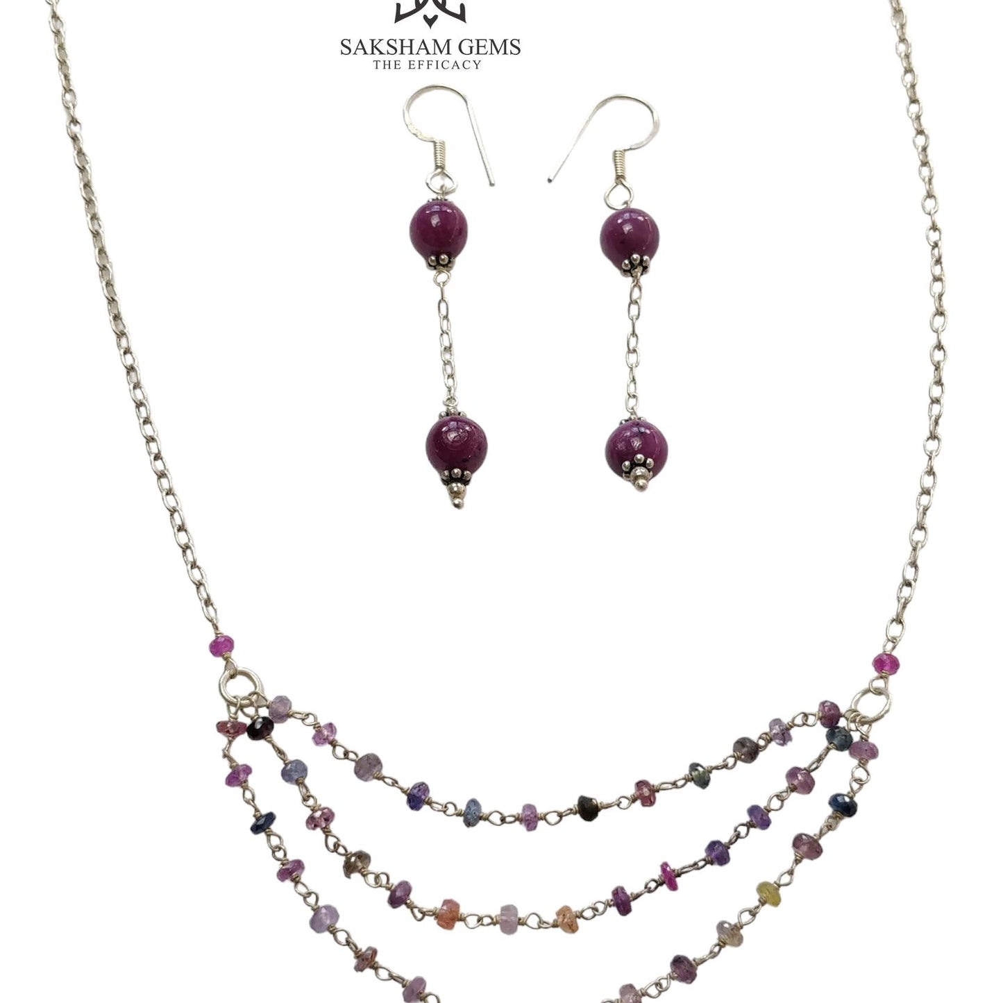 Ruby & Multi Sapphire Gemstone With 925 Sterling Silver Jewelry : 10.68gms Natural Untreated Ruby Round Shape Beaded Earrings Necklace Set