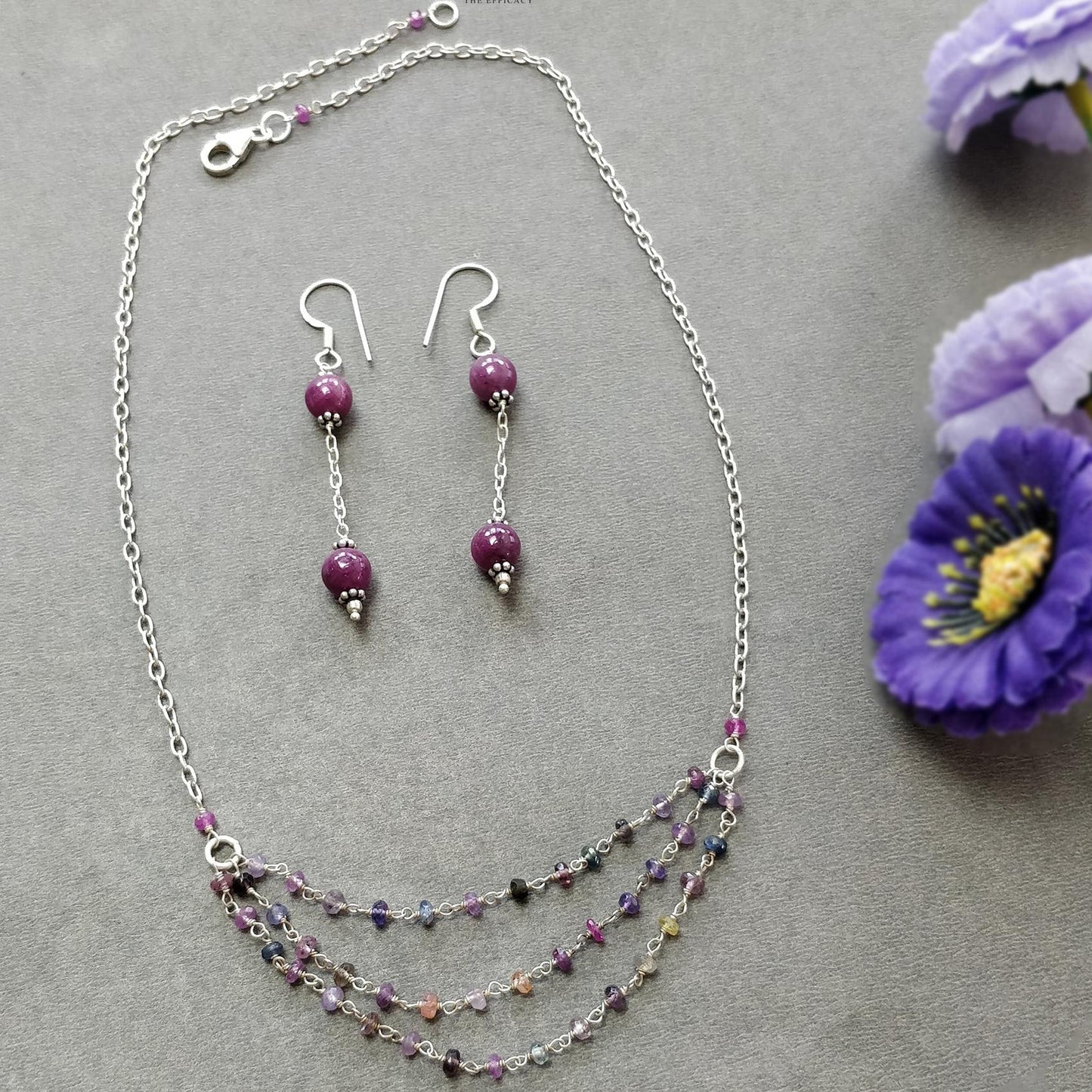 Ruby & Multi Sapphire Gemstone With 925 Sterling Silver Jewelry : 10.68gms Natural Untreated Ruby Round Shape Beaded Earrings Necklace Set