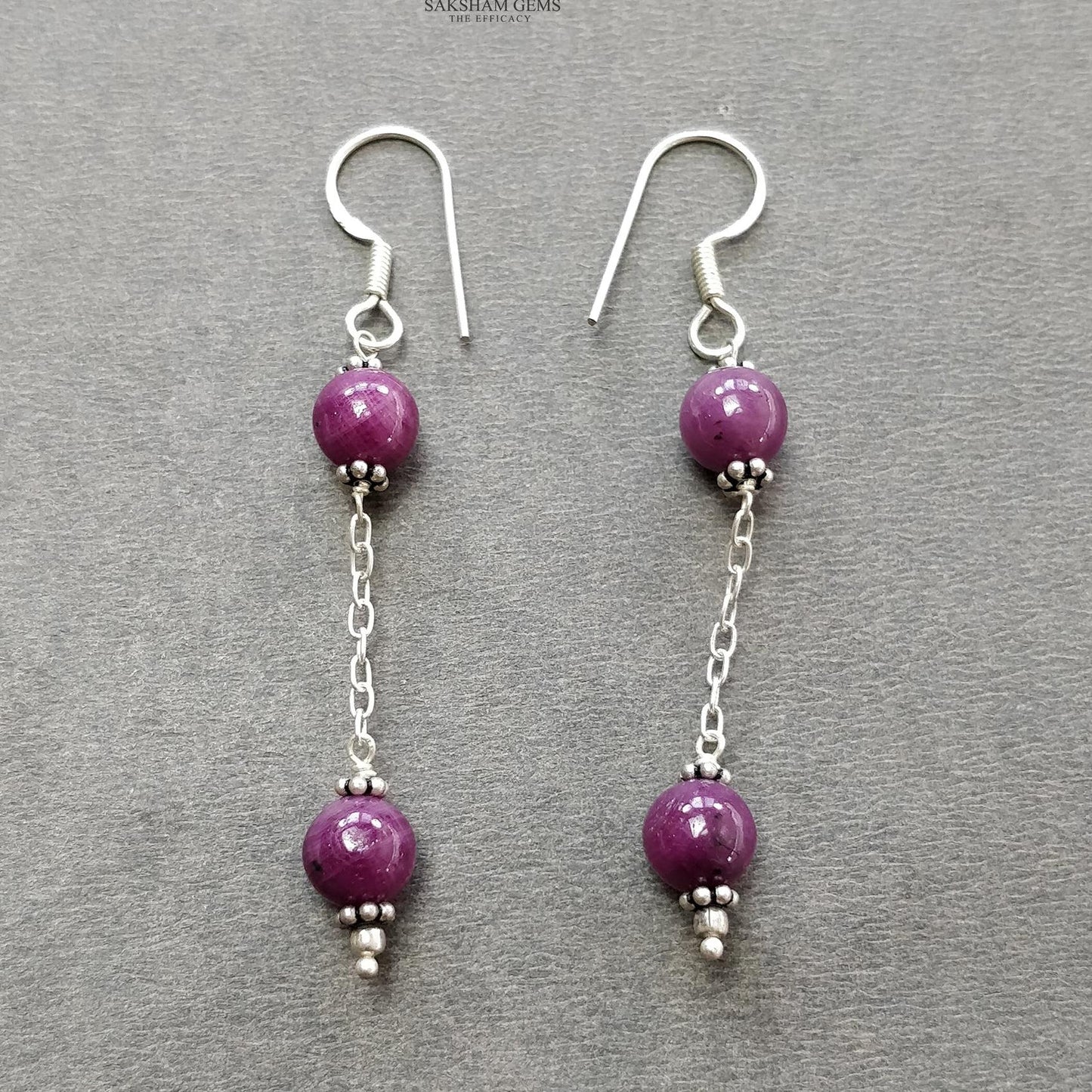 Ruby & Multi Sapphire Gemstone With 925 Sterling Silver Jewelry : 10.68gms Natural Untreated Ruby Round Shape Beaded Earrings Necklace Set