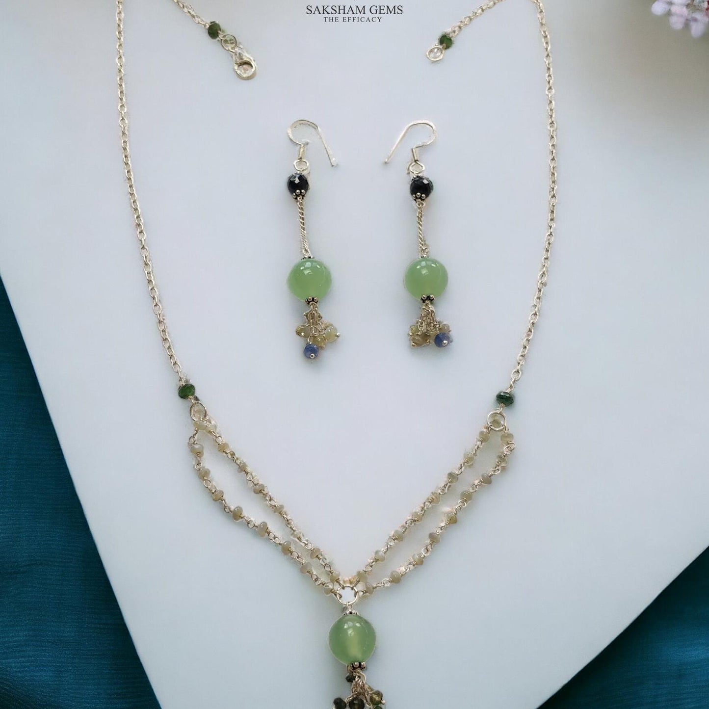 Serpentine & Chrysoberyl Cat's Eye Gemstone With 925 Sterling Silver Jewelry : 14.17gms Natural Round Shape Beaded Earrings Necklace Set