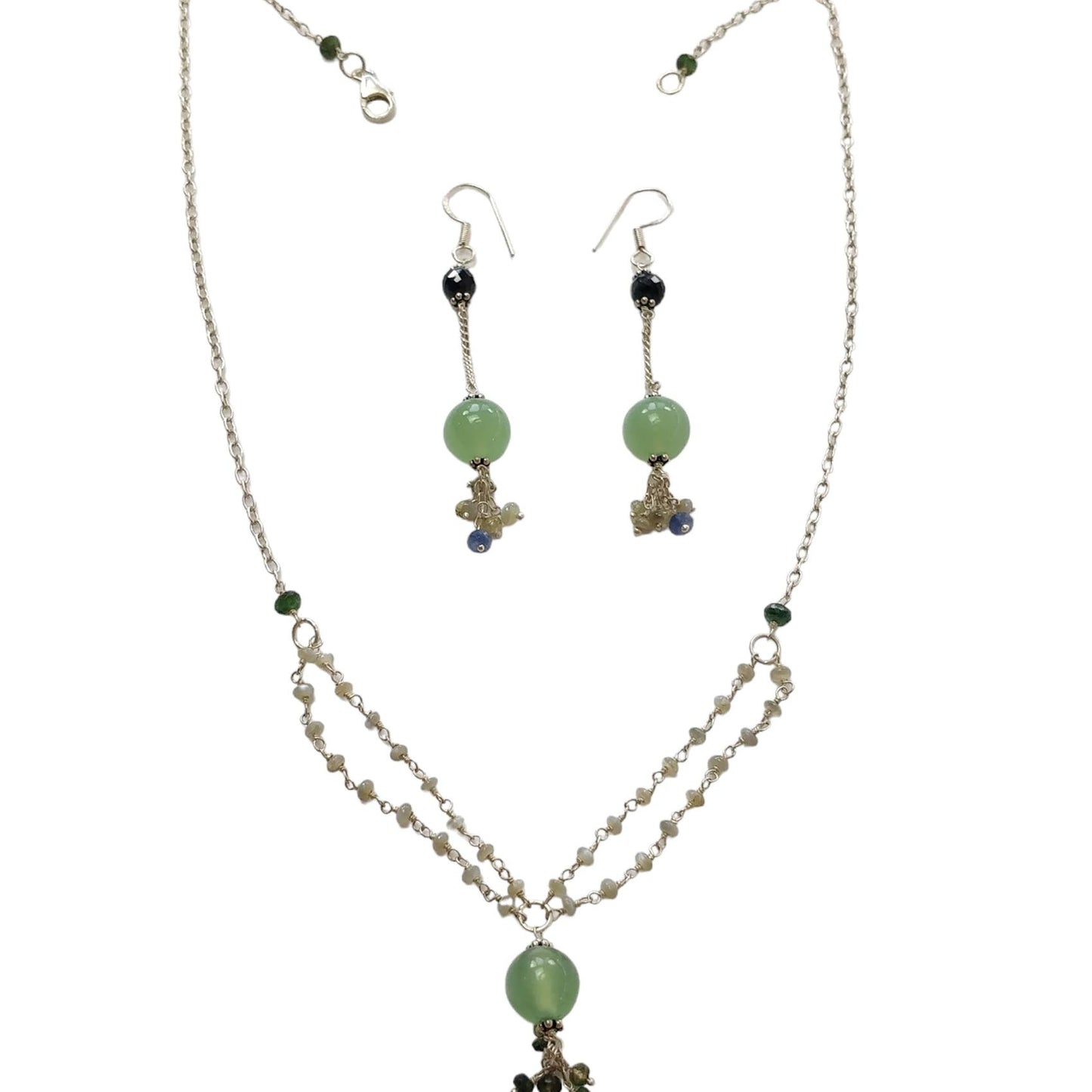 Serpentine & Chrysoberyl Cat's Eye Gemstone With 925 Sterling Silver Jewelry : 14.17gms Natural Round Shape Beaded Earrings Necklace Set