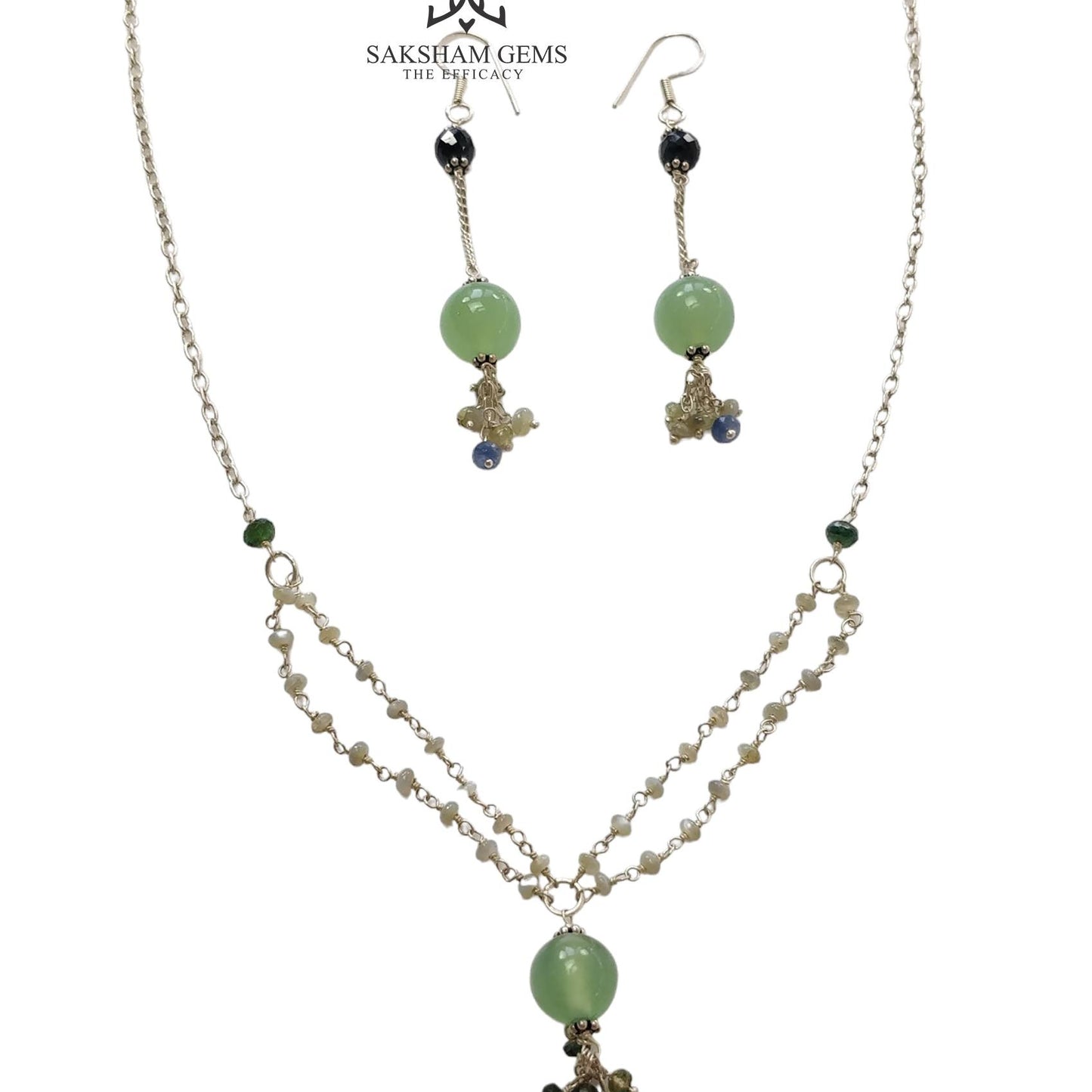 Serpentine & Chrysoberyl Cat's Eye Gemstone With 925 Sterling Silver Jewelry : 14.17gms Natural Round Shape Beaded Earrings Necklace Set