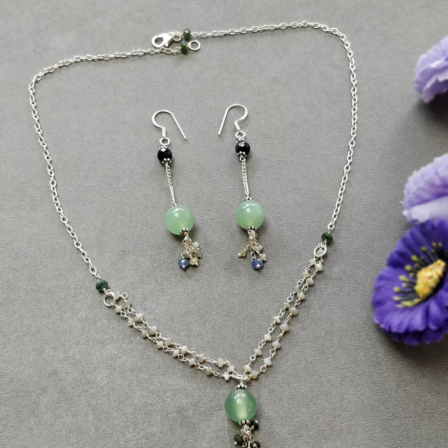 Serpentine & Chrysoberyl Cat's Eye Gemstone With 925 Sterling Silver Jewelry : 14.17gms Natural Round Shape Beaded Earrings Necklace Set