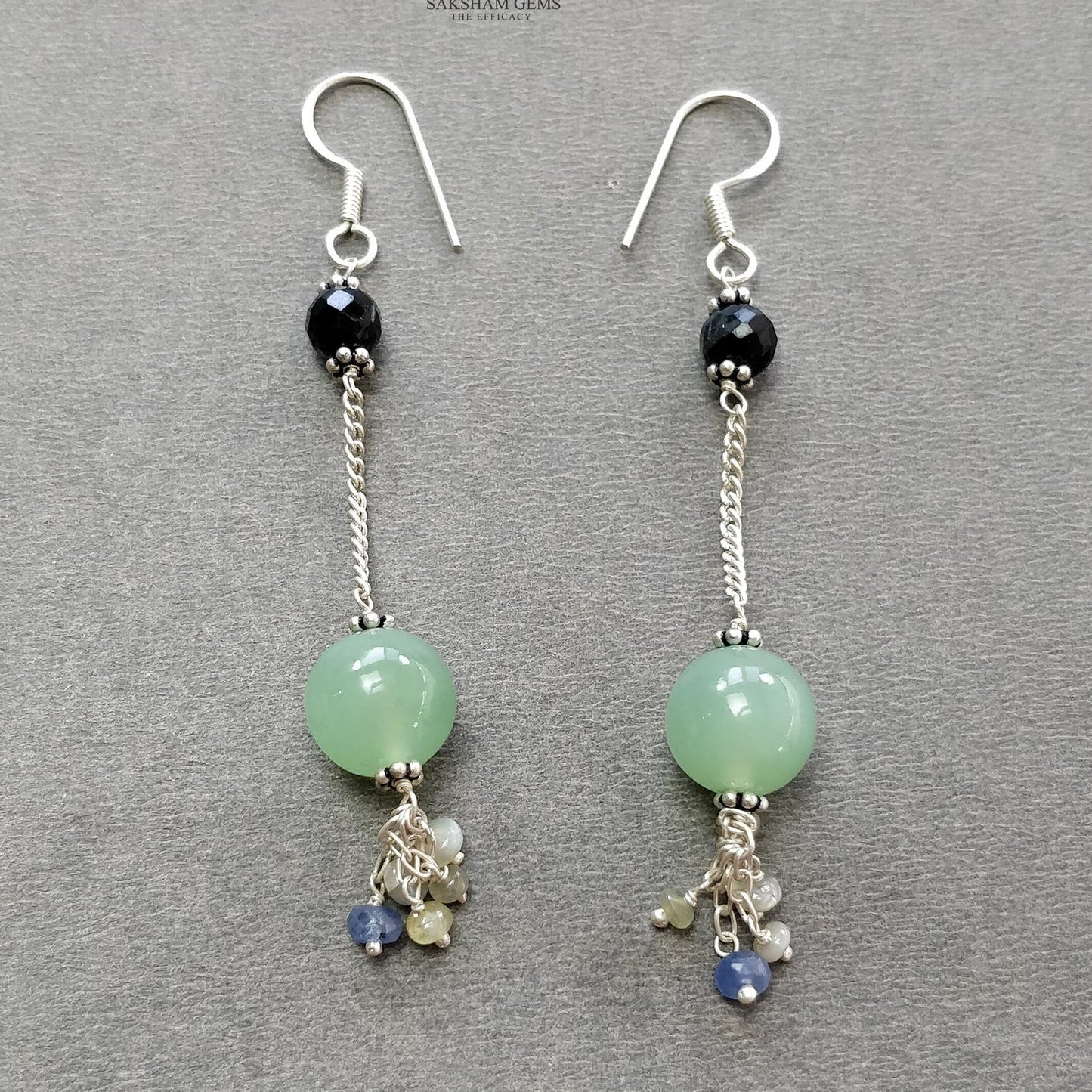 Serpentine & Chrysoberyl Cat's Eye Gemstone With 925 Sterling Silver Jewelry : 14.17gms Natural Round Shape Beaded Earrings Necklace Set