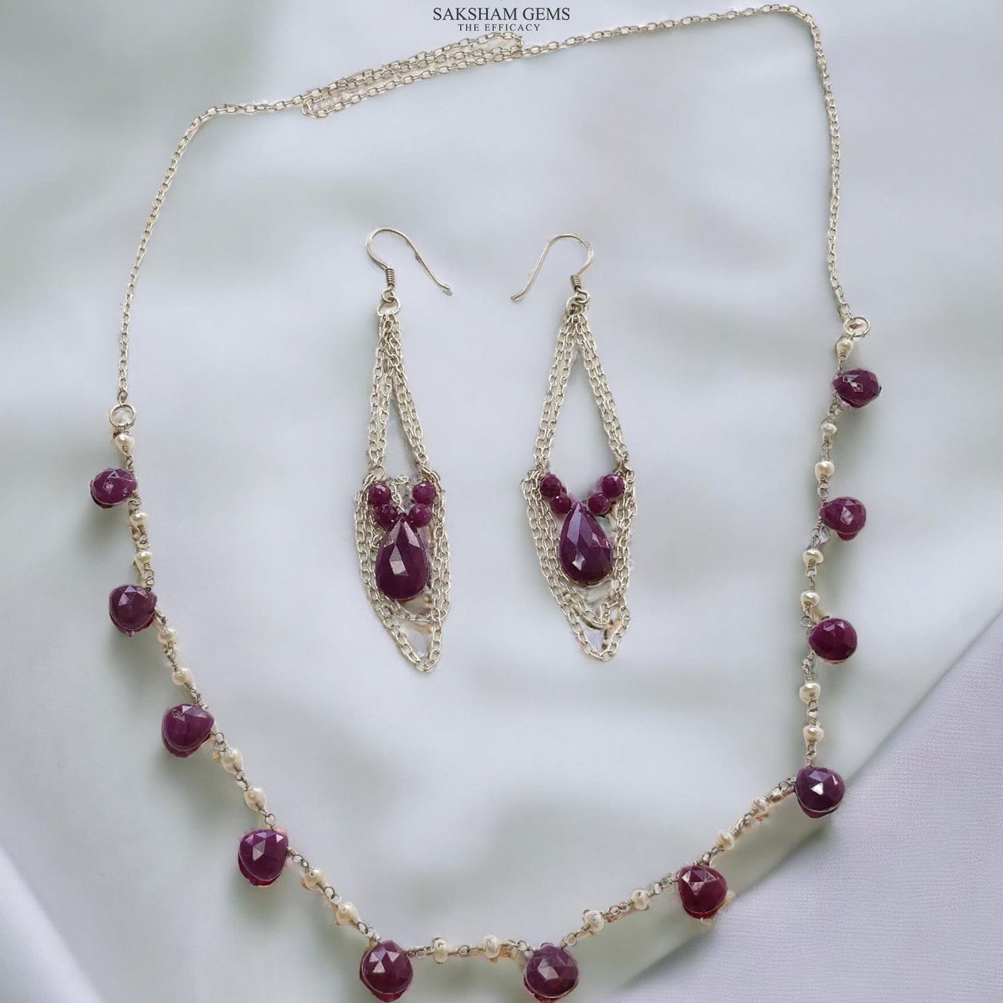 Ruby & Pearl Gemstone With 925 Sterling Silver Jewelry : 16.76gms Natural Untreated Ruby Rose Cut Briolette Beaded Earrings Necklace Set