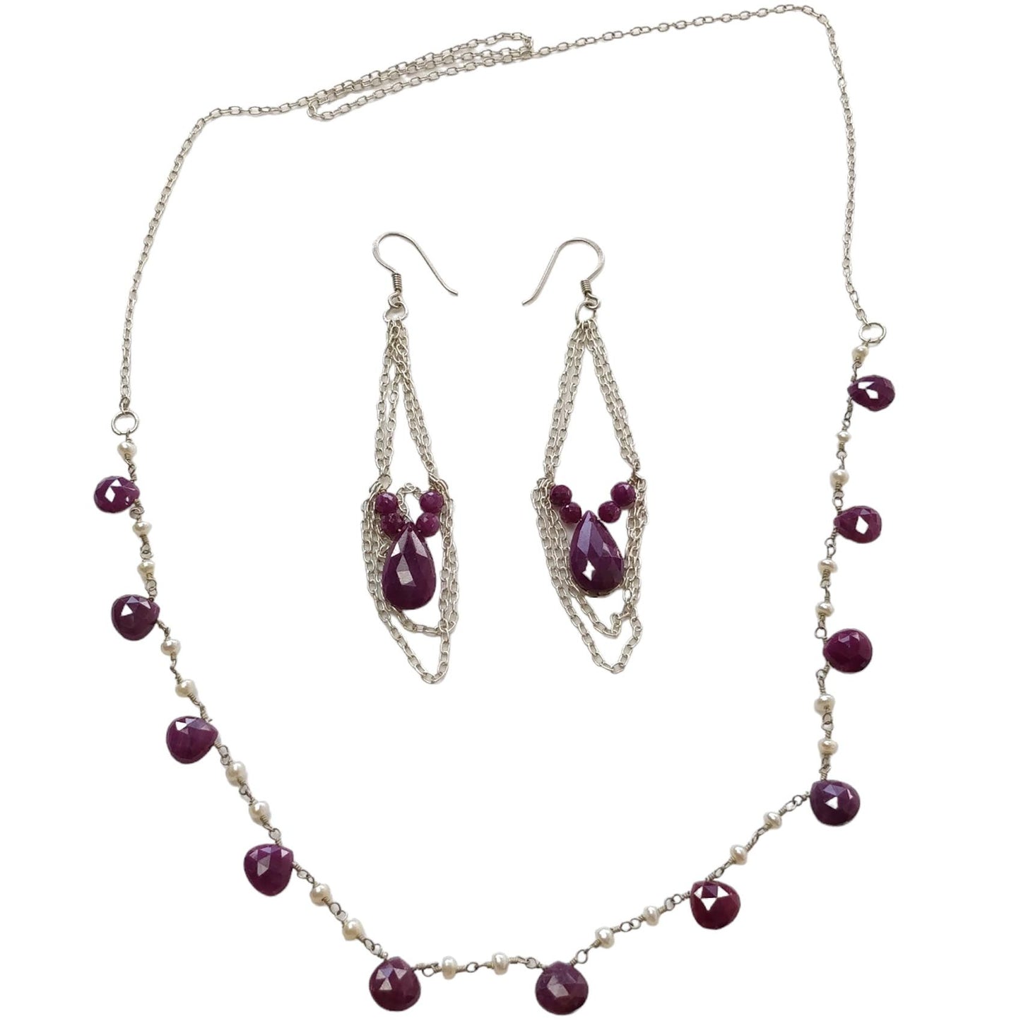 Ruby & Pearl Gemstone With 925 Sterling Silver Jewelry : 16.76gms Natural Untreated Ruby Rose Cut Briolette Beaded Earrings Necklace Set