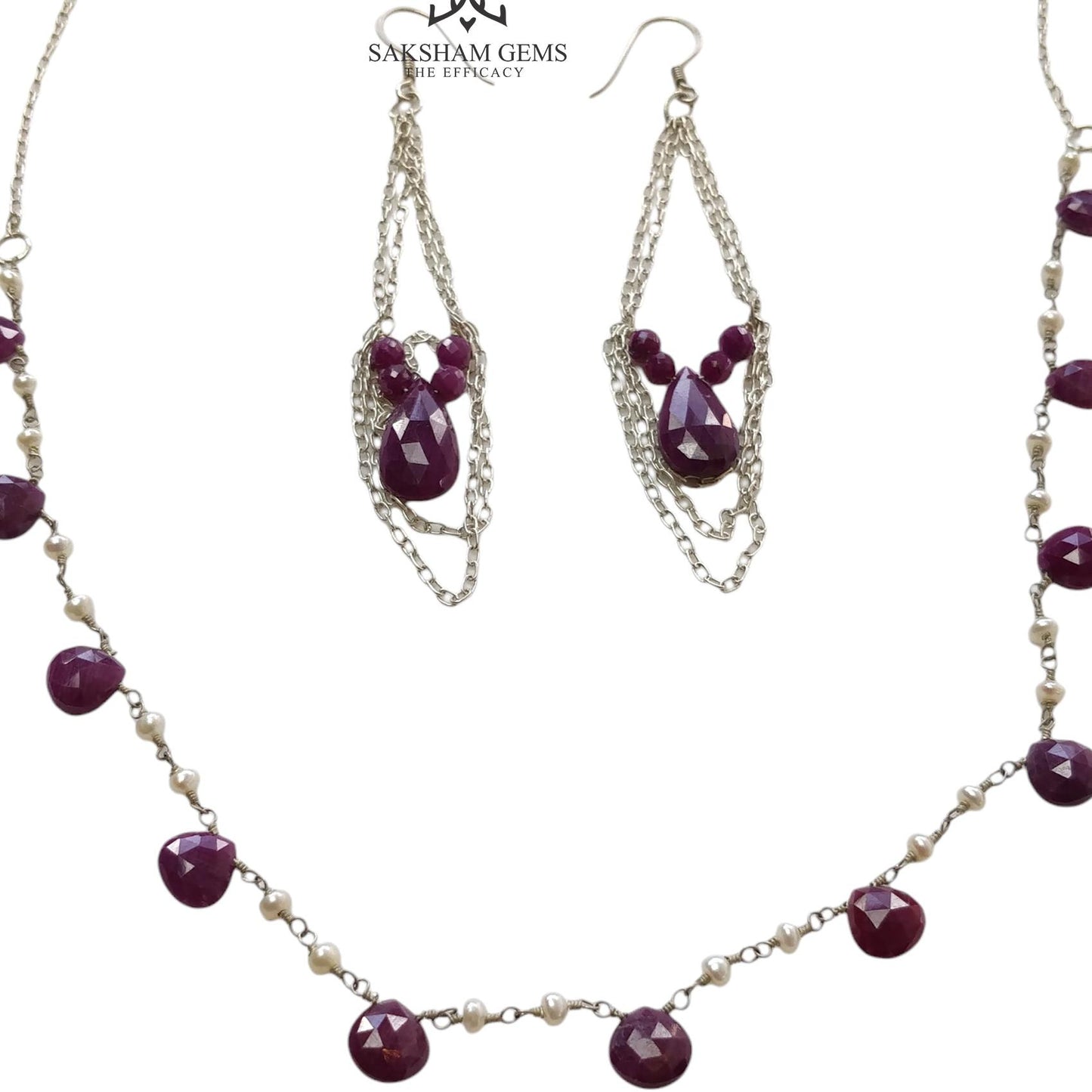 Ruby & Pearl Gemstone With 925 Sterling Silver Jewelry : 16.76gms Natural Untreated Ruby Rose Cut Briolette Beaded Earrings Necklace Set