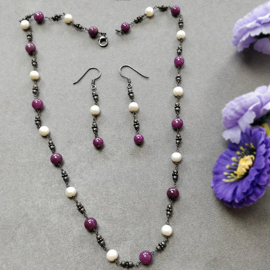 Ruby & Pearl Gemstone With 925 Sterling Silver Jewelry: 20.40gms Natural Untreated Plain Round Beaded Victorian Earring Necklace Earring Set