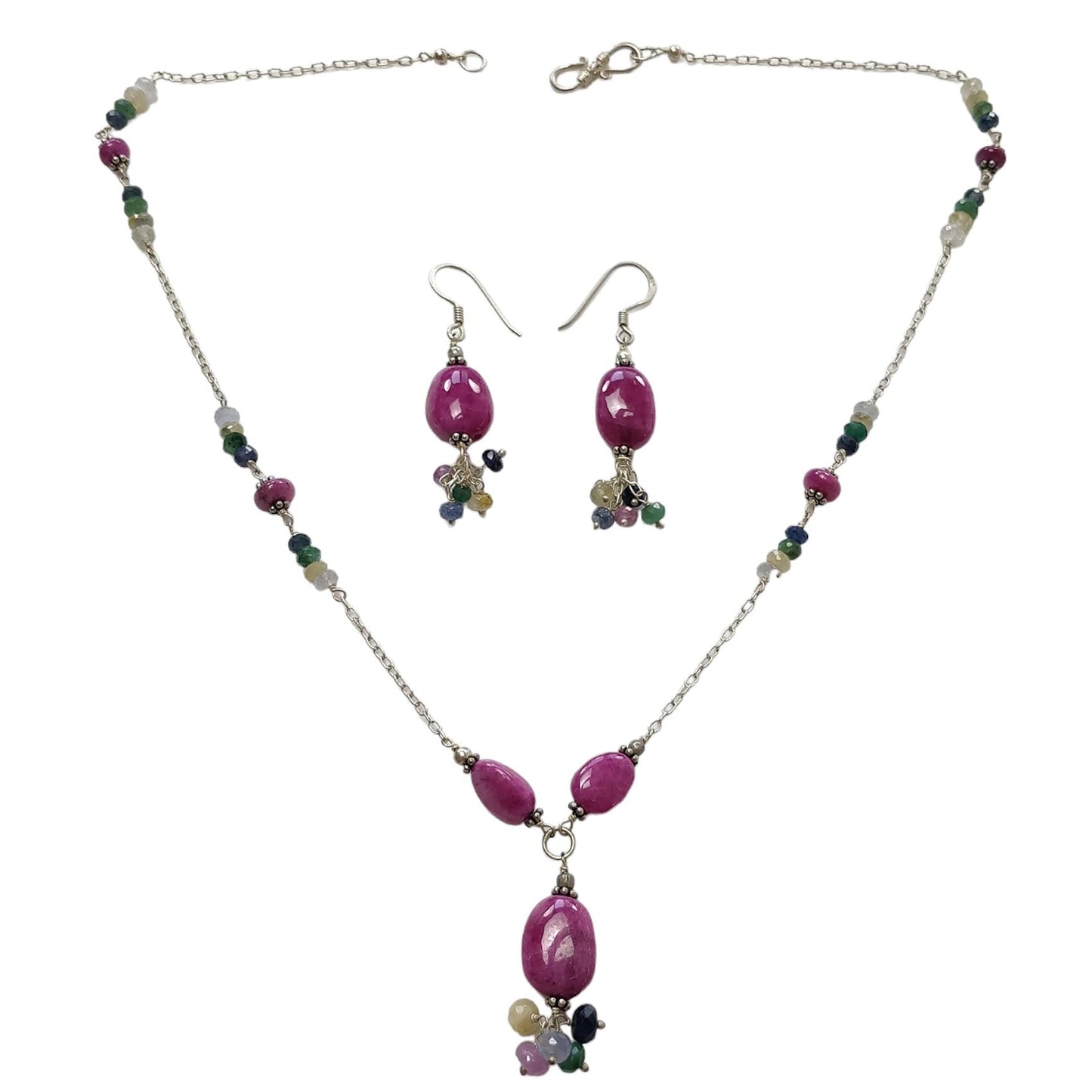 Ruby & Emerald Sapphire Gemstone With 925 Sterling Silver Jewelry : 21.87gms Natural Untreated Plain Faceted Beaded Earrings Necklace Set
