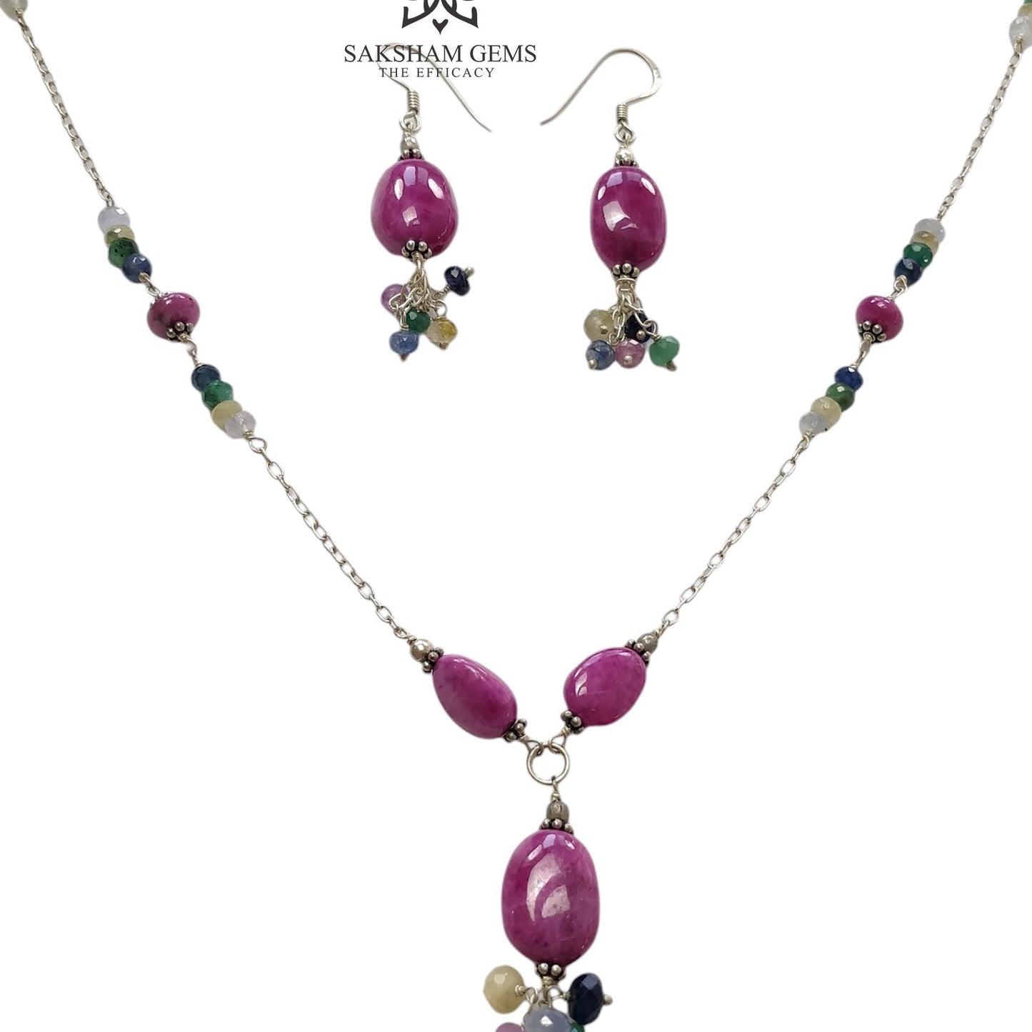 Ruby & Emerald Sapphire Gemstone With 925 Sterling Silver Jewelry : 21.87gms Natural Untreated Plain Faceted Beaded Earrings Necklace Set