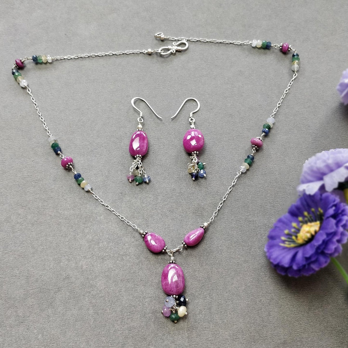 Ruby & Emerald Sapphire Gemstone With 925 Sterling Silver Jewelry : 21.87gms Natural Untreated Plain Faceted Beaded Earrings Necklace Set
