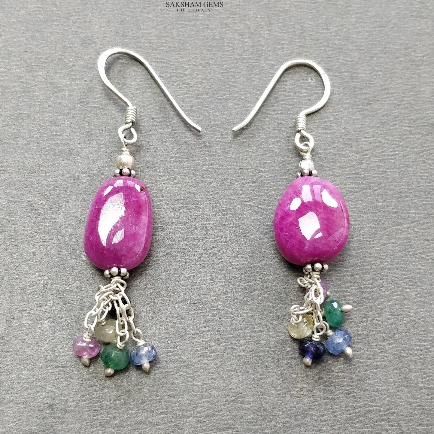 Ruby & Emerald Sapphire Gemstone With 925 Sterling Silver Jewelry : 21.87gms Natural Untreated Plain Faceted Beaded Earrings Necklace Set