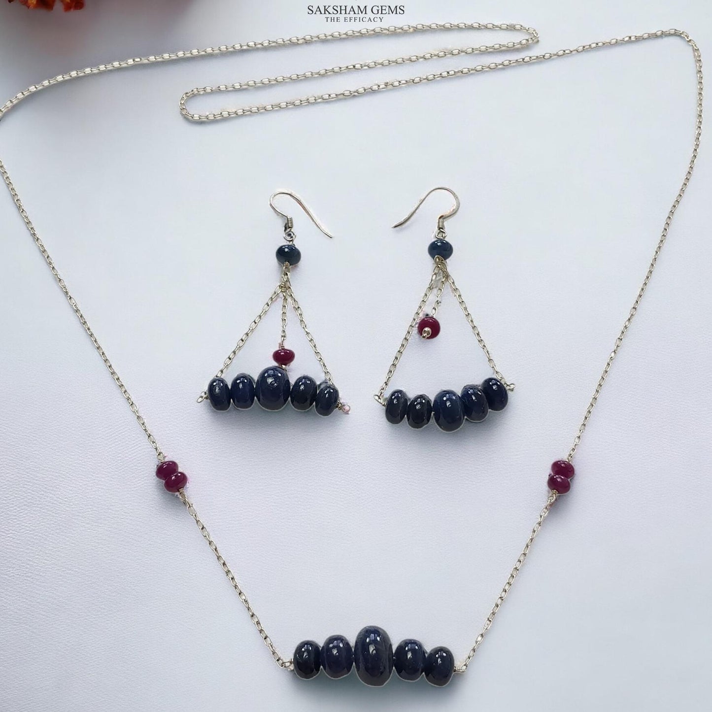 Sapphire & Ruby Beads Necklace And Earring : 26.27gms 925 Silver Natural Untreated Gemstone Beads Necklace Drop Dangle Earring Jewelry Set