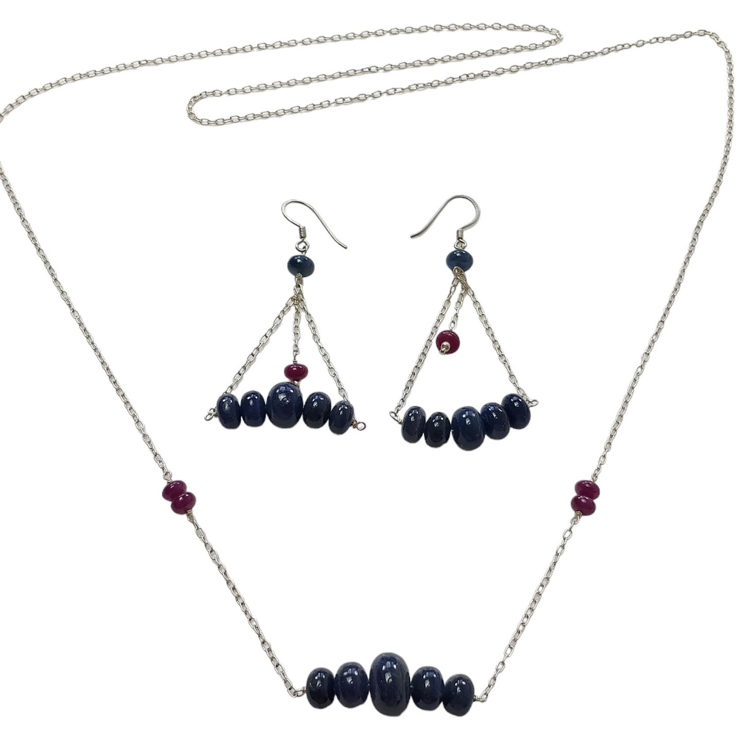 Sapphire & Ruby Beads Necklace And Earring : 26.27gms 925 Silver Natural Untreated Gemstone Beads Necklace Drop Dangle Earring Jewelry Set