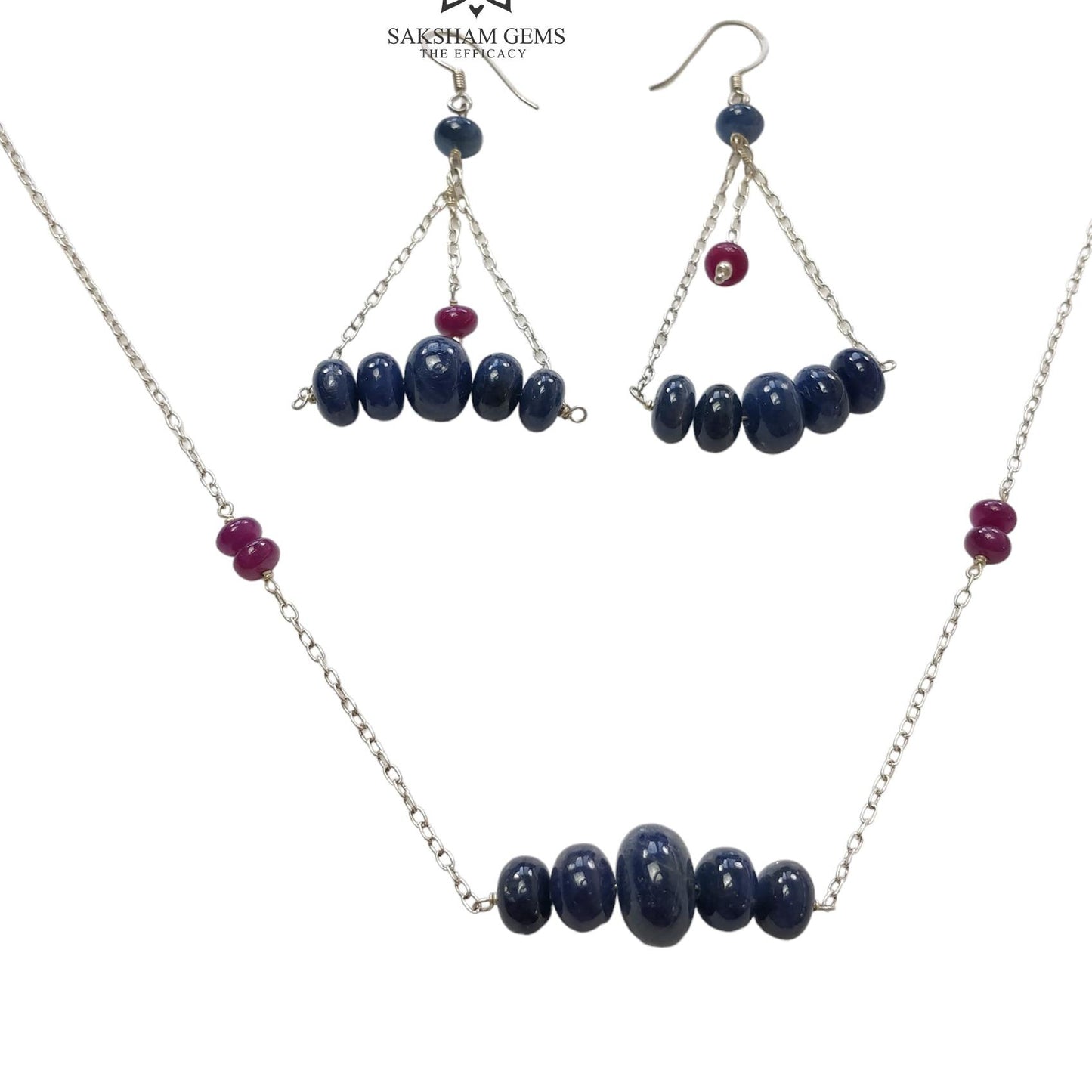 Sapphire & Ruby Beads Necklace And Earring : 26.27gms 925 Silver Natural Untreated Gemstone Beads Necklace Drop Dangle Earring Jewelry Set