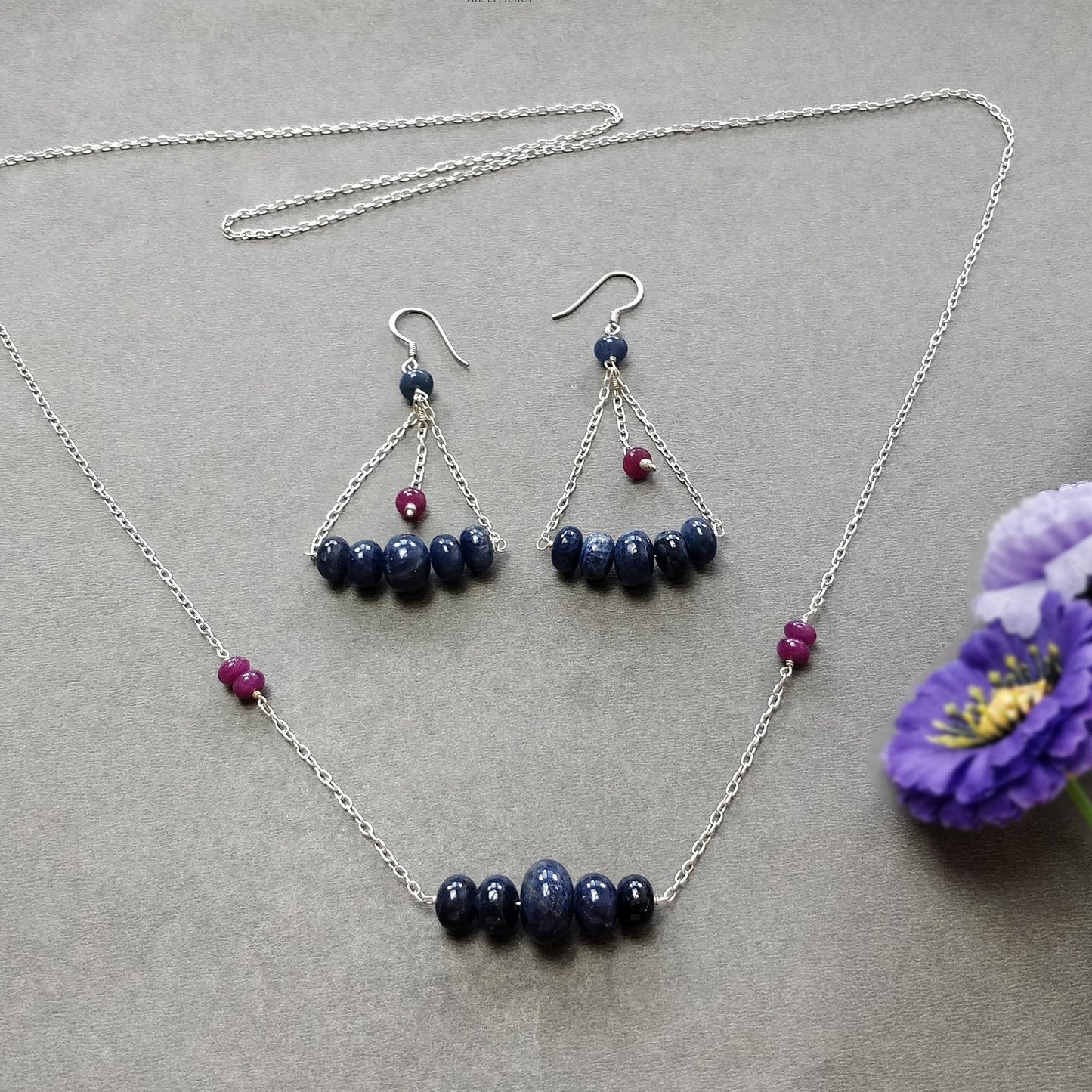 Sapphire & Ruby Beads Necklace And Earring : 26.27gms 925 Silver Natural Untreated Gemstone Beads Necklace Drop Dangle Earring Jewelry Set