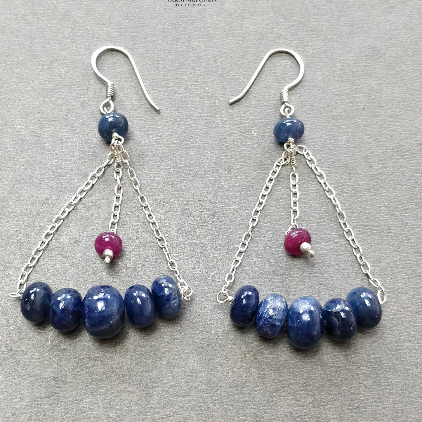 Sapphire & Ruby Beads Necklace And Earring : 26.27gms 925 Silver Natural Untreated Gemstone Beads Necklace Drop Dangle Earring Jewelry Set