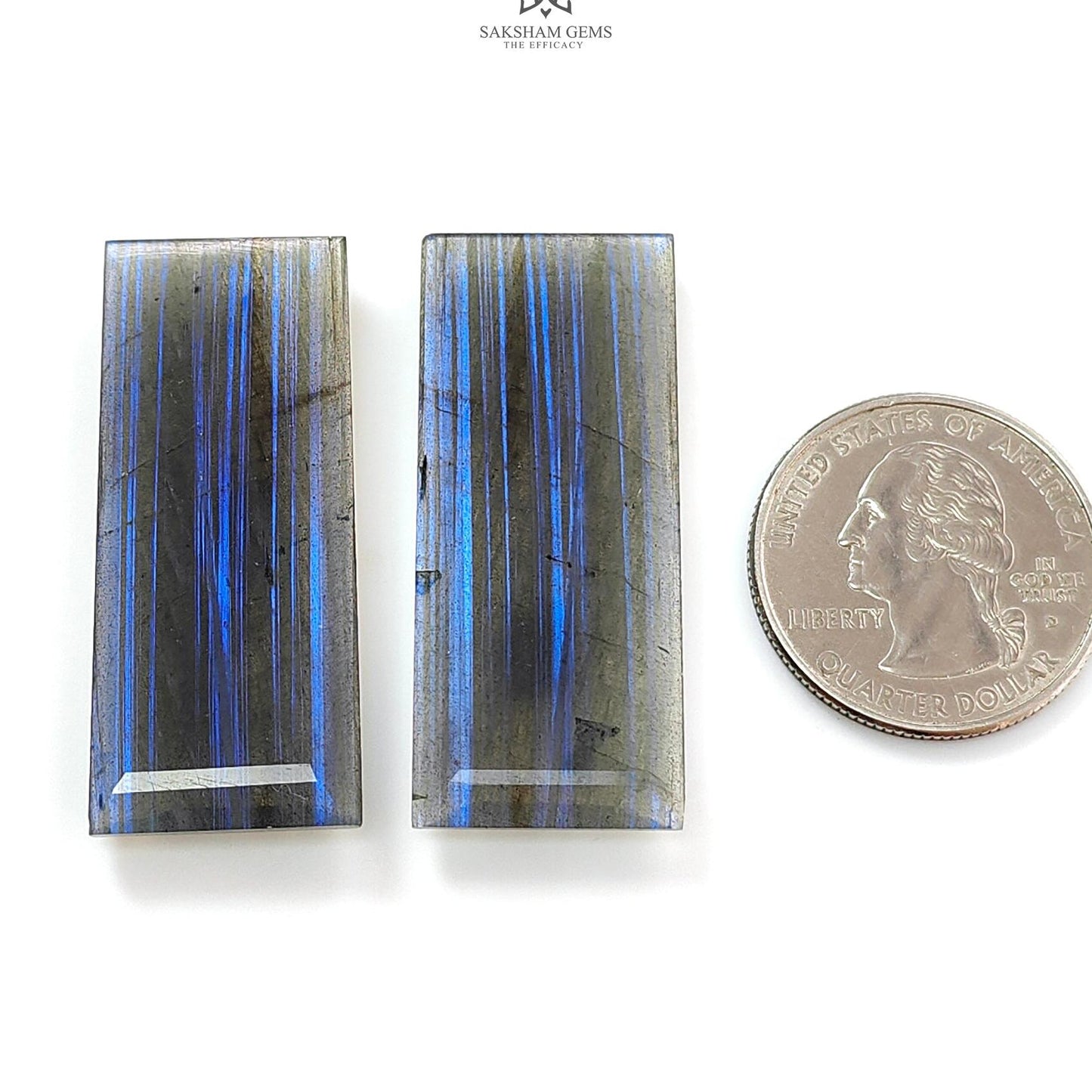 Labradorite Cabochon Fancy Cut: 61.50cts Natural Untreated Unheated Blue Labradorite Baguette Shape 41*17mm Pair For Jewelry