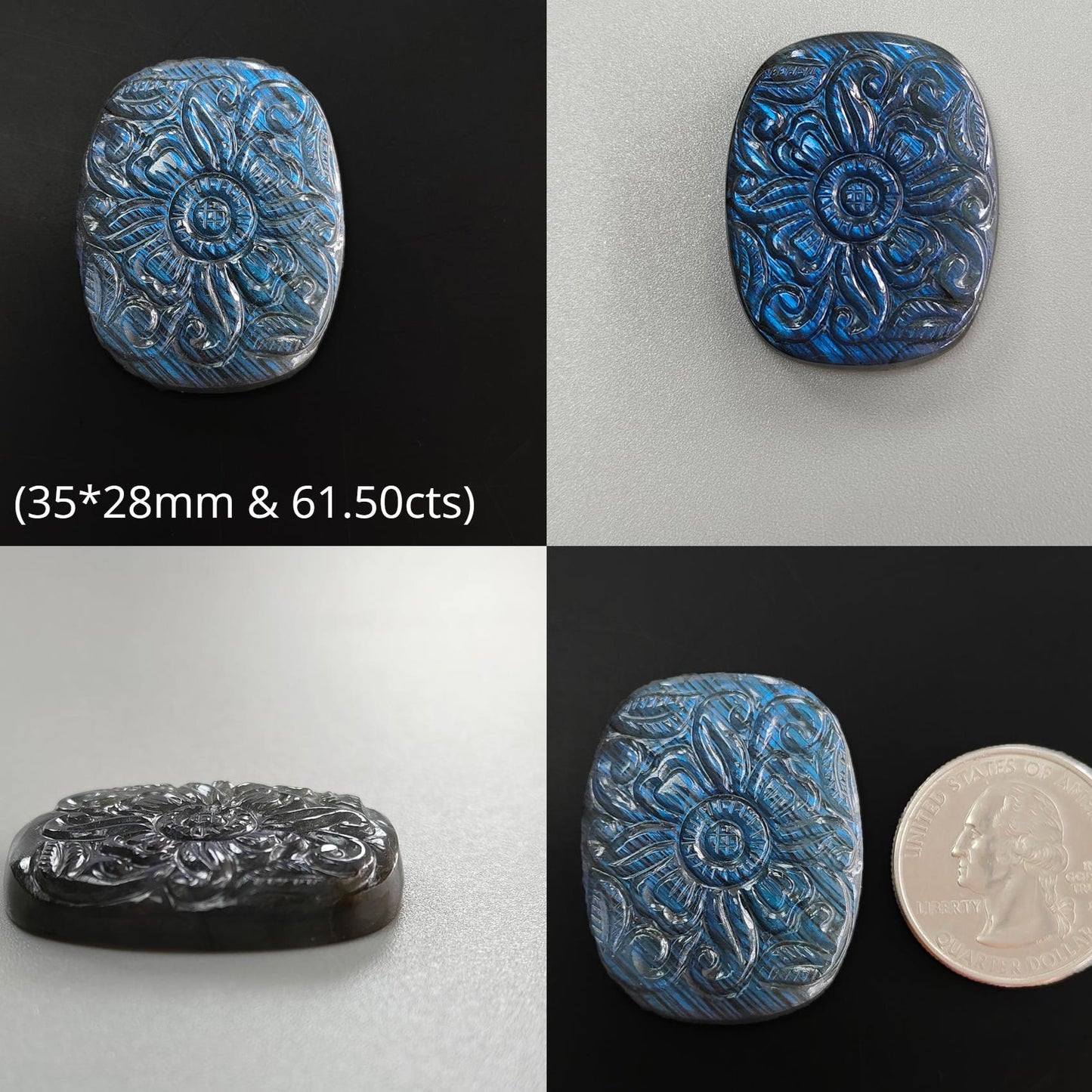 Labradorite Gemstone Carving : Natural Untreated Unheated Labradorite Hand Carved Cushion Carving 1 pcs Set