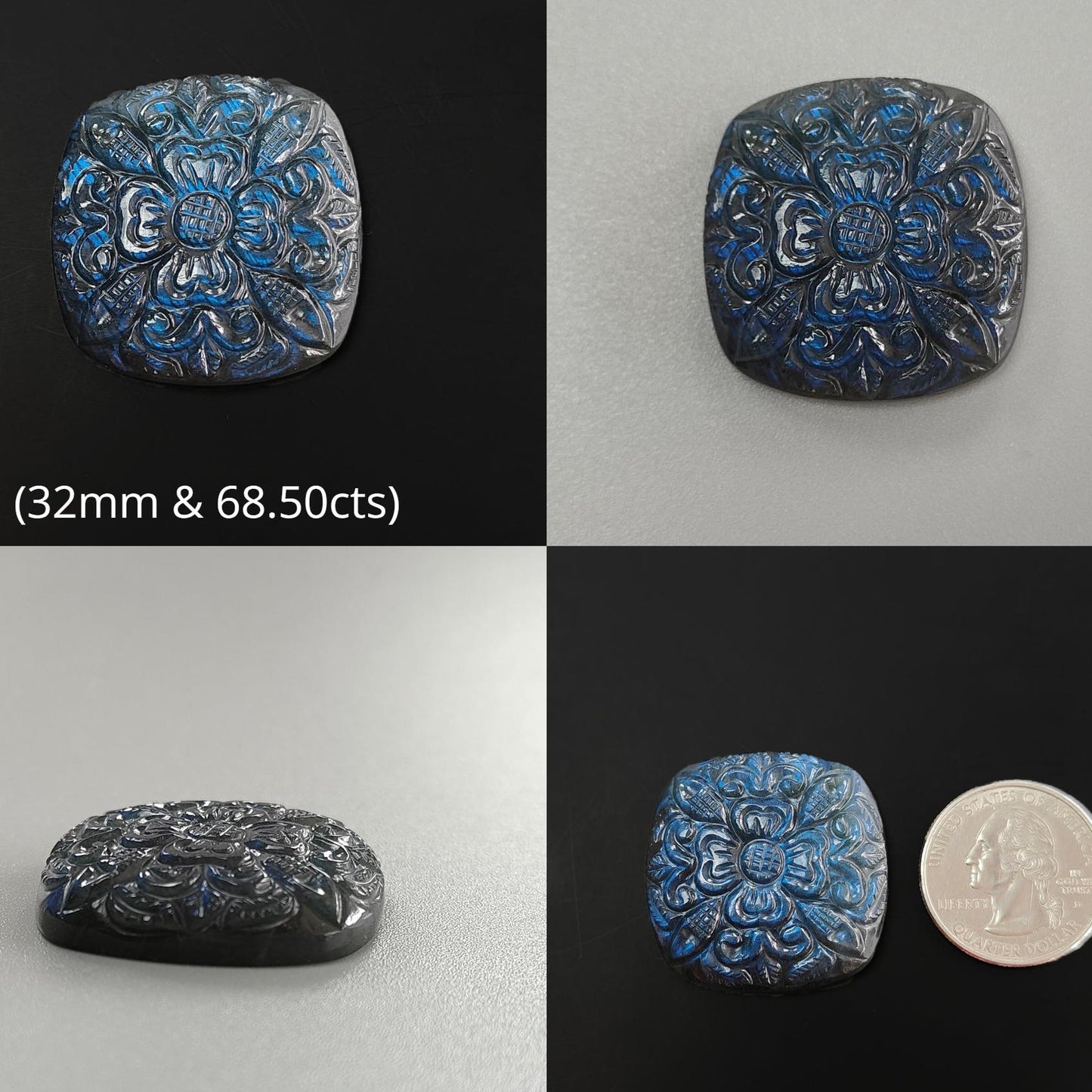 Labradorite Gemstone Carving : Natural Untreated Unheated Labradorite Hand Carved Cushion Carving 1 pcs Set