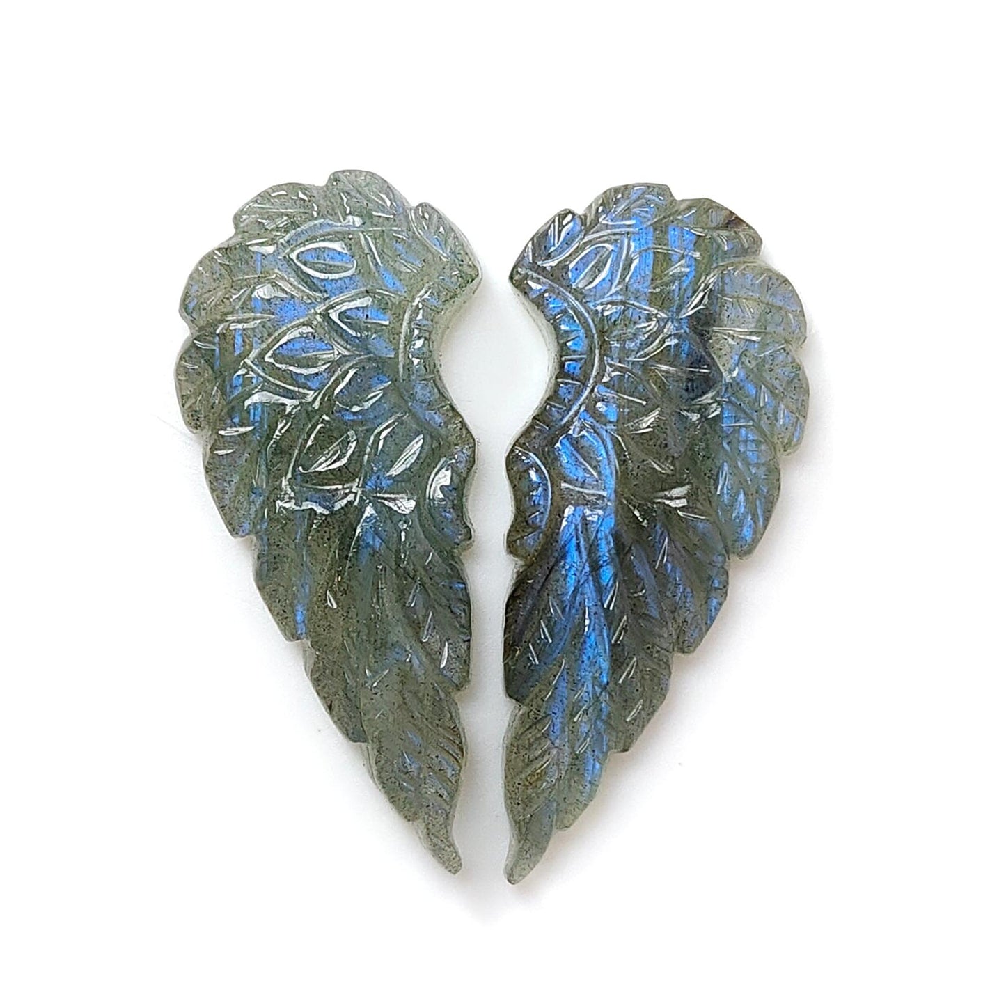 Blue Labradorite Gemstone Carving: 26.90cts Natural Untreated Unheated Labradorite Hand Carved Angel Wings 2pc For Jewelry 33*14mm