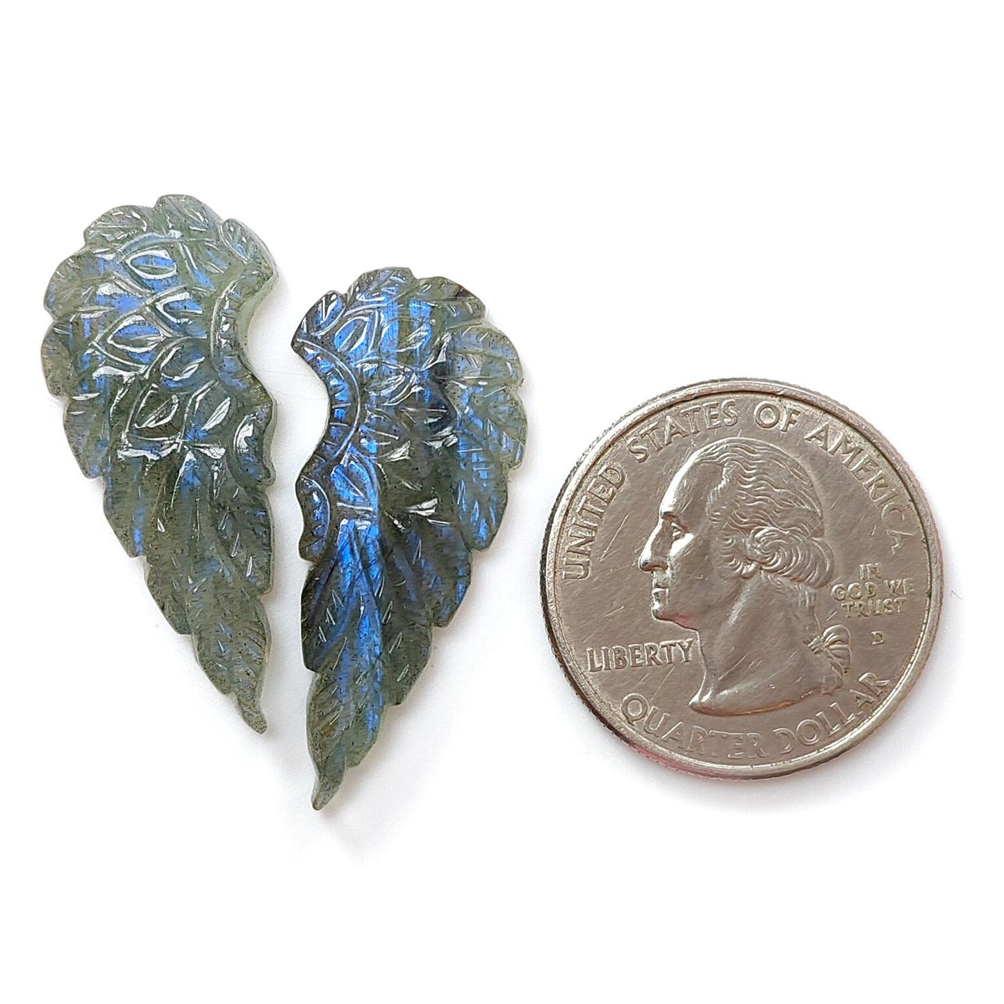 Blue Labradorite Gemstone Carving: 26.90cts Natural Untreated Unheated Labradorite Hand Carved Angel Wings 2pc For Jewelry 33*14mm