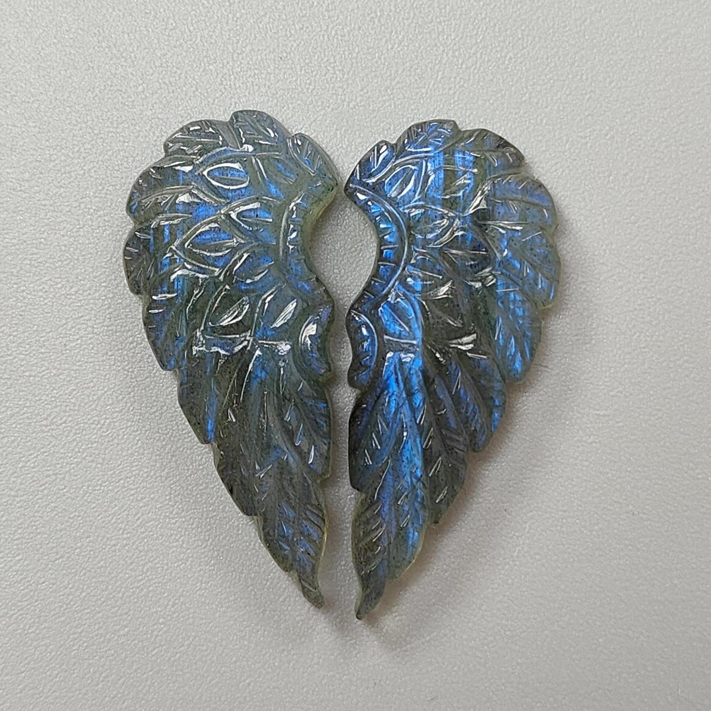 Blue Labradorite Gemstone Carving: 26.90cts Natural Untreated Unheated Labradorite Hand Carved Angel Wings 2pc For Jewelry 33*14mm