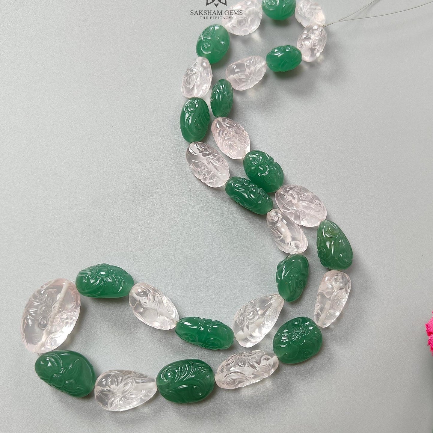 Green & Pink Rose Quartz Loose Beads: 614.90cts Natural Untreated Quartz Fancy Hand Carved Beads 14*12mm - 39*29mm 22"