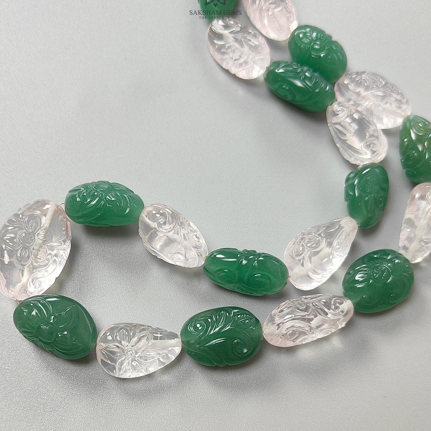Green & Pink Rose Quartz Loose Beads: 614.90cts Natural Untreated Quartz Fancy Hand Carved Beads 14*12mm - 39*29mm 22"