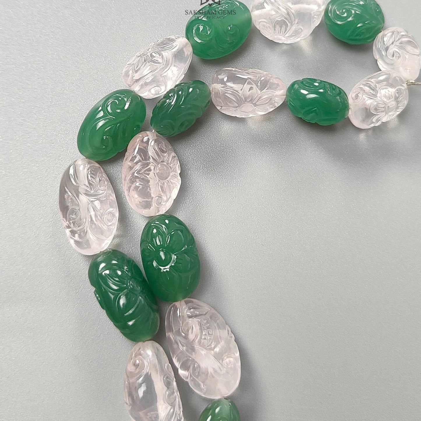 Green & Pink Rose Quartz Loose Beads: 614.90cts Natural Untreated Quartz Fancy Hand Carved Beads 14*12mm - 39*29mm 22"